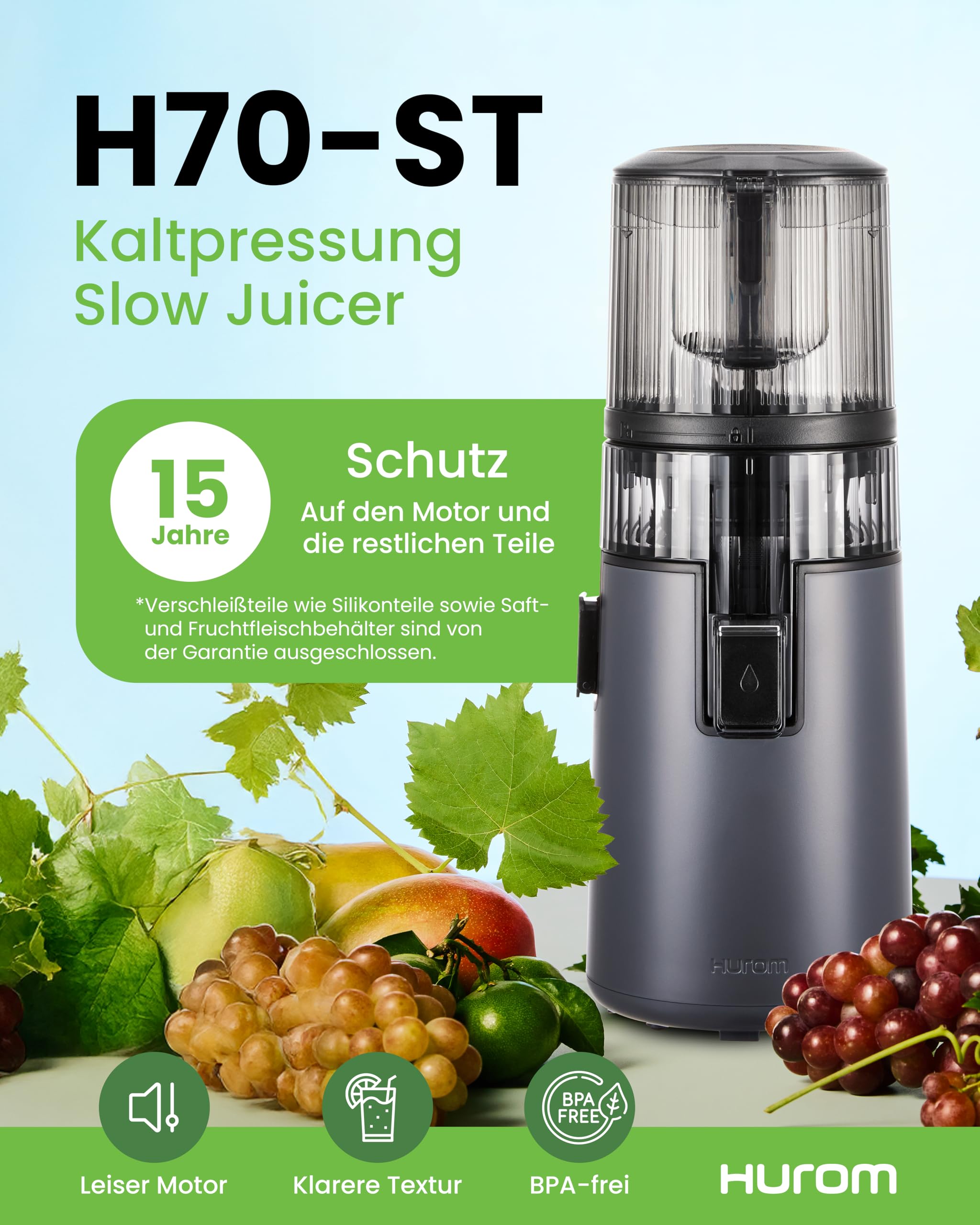 Hurom H70ST Neuer Slow Juicer | Elektrische Kaltpresse | Entsafter für Gemüse & Obst | 1.8L Kapazität | Automatische Entsaftungsfunktion | BPA-frei | 15 Jahre Garantie | 150W | Titangrau