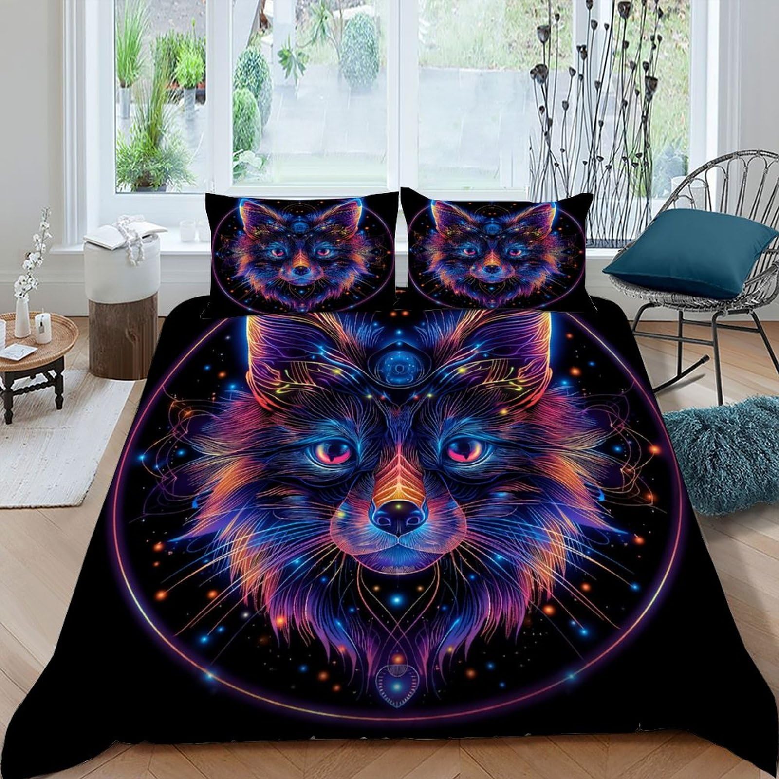 Housse de couette 220x240cm Neon Fox en microfibre avec ses taies