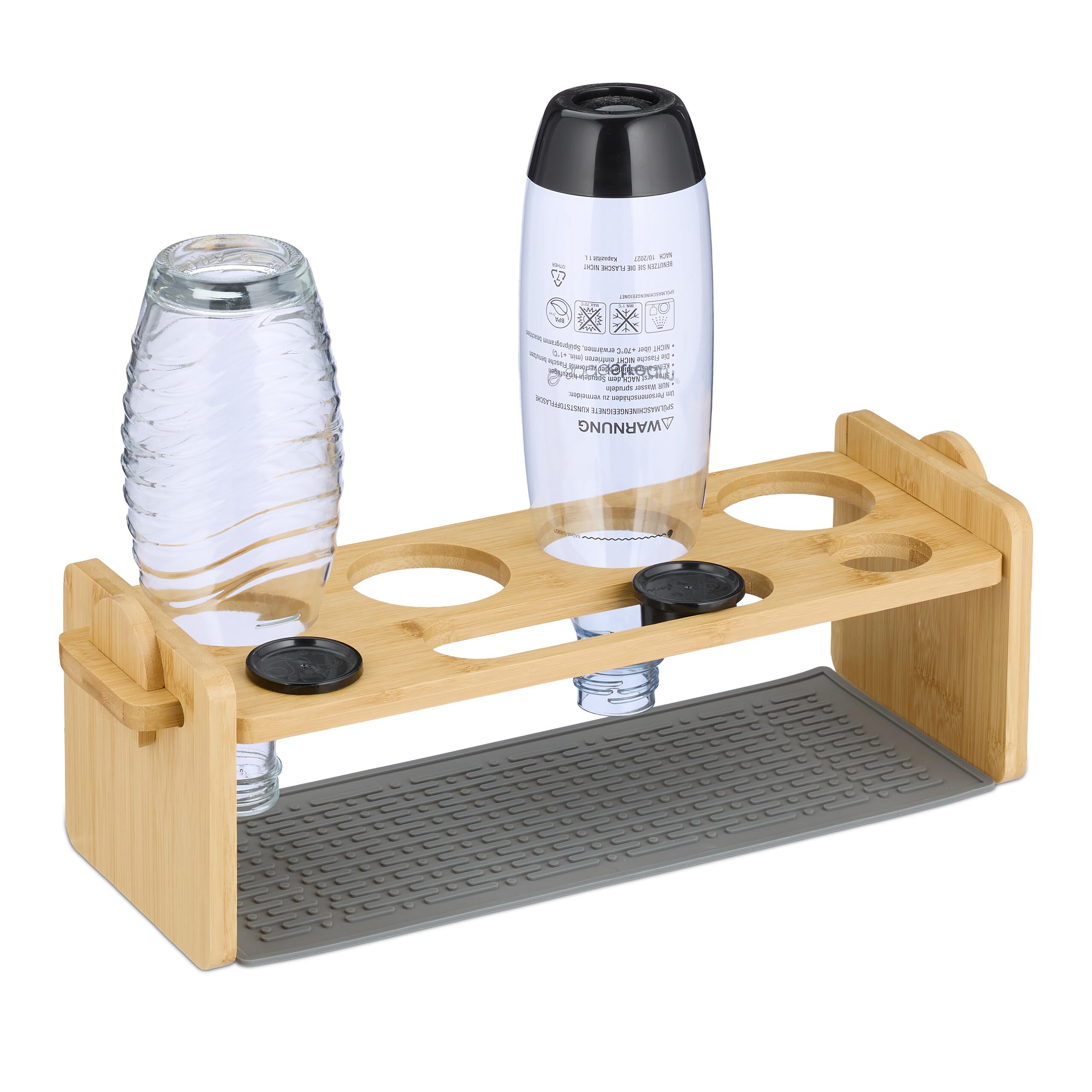 Relaxdays Natural/Grey Holder For 4 Bottles, Compatable With Sodastream, Bamboo, Drying Rack With Silicone Drip Tray,