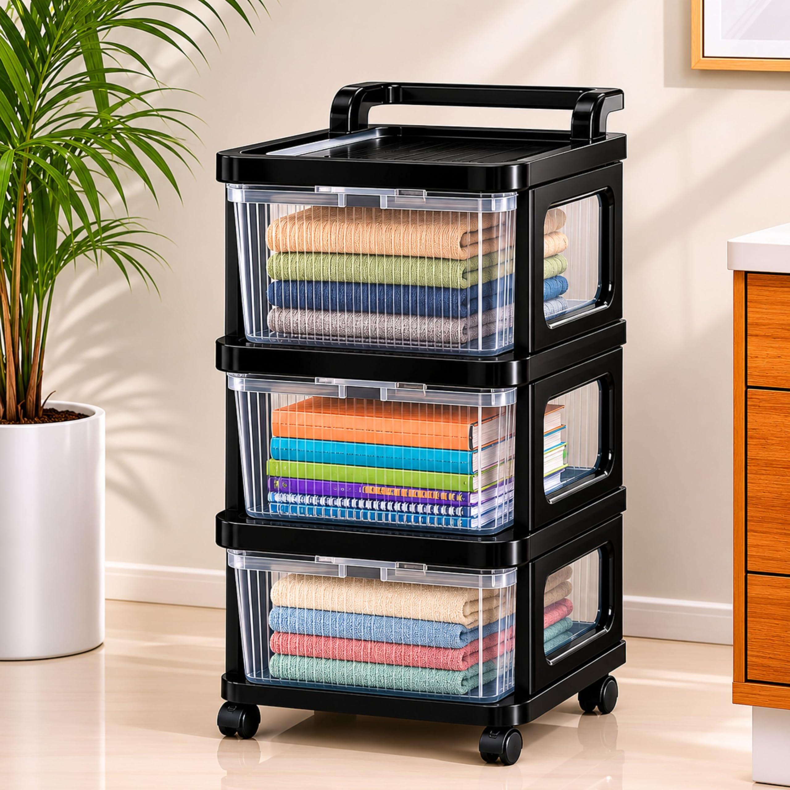 3 Layer Heavy Duty Plastic Storage Drawer with Wheels | Modular Cabinet for Bedroom, Office, Home | Chest of Drawers Organiser for Cosmetics, Kitchen items, Toys | Transparent Black-picture-14