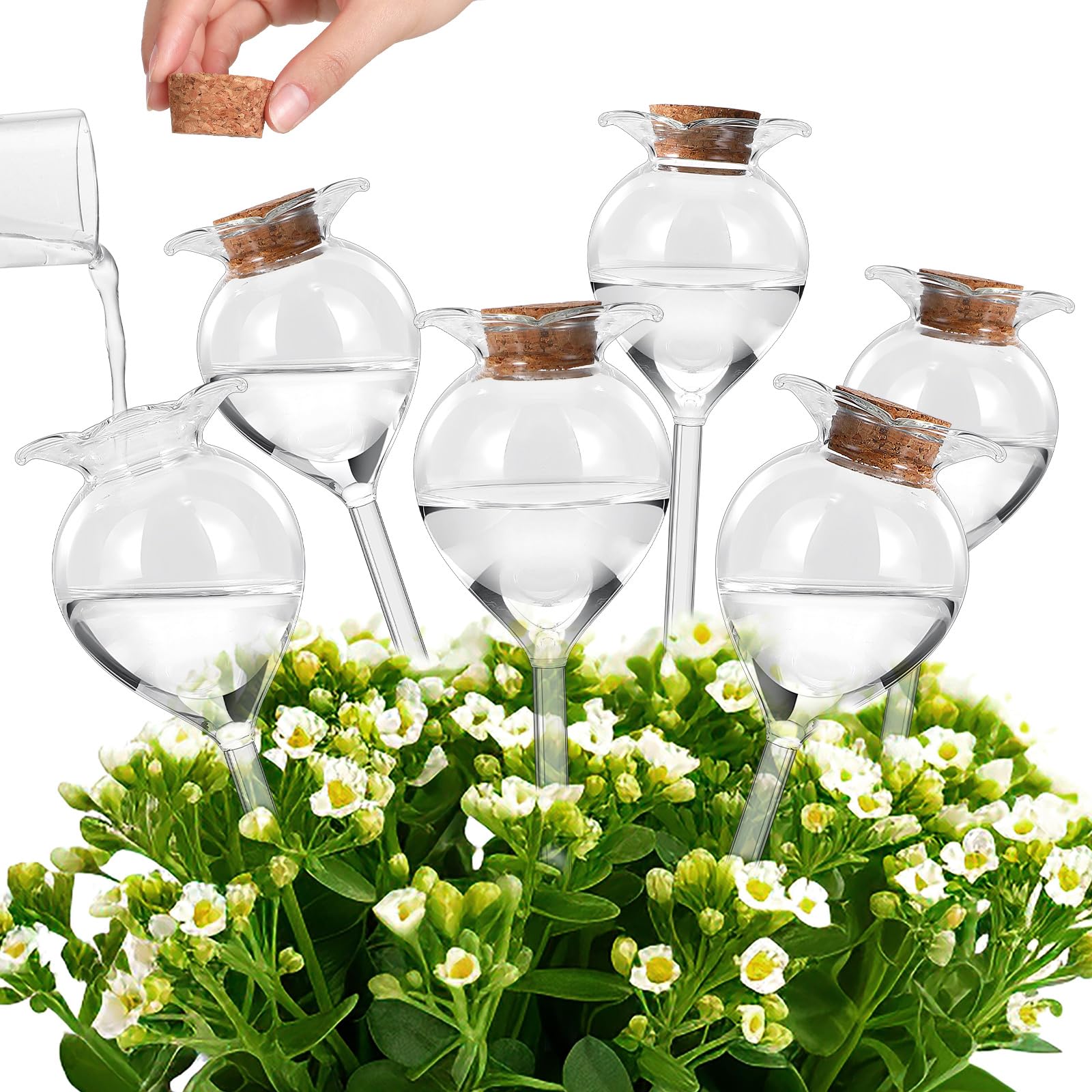 Tanlade 6 Pack Flower Design Plant Watering Devices Plant Waterer Globes with Corks Self Automatic Watering Planter Insert Clear Glass Plant Bulbs for Indoor & Outdoor Garden, Fill from Top