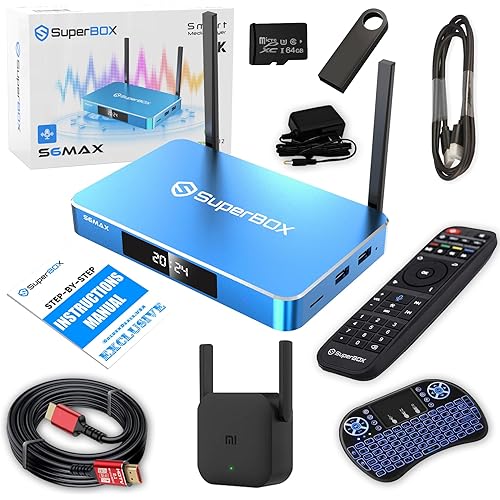Super Box 2025 S 6 MAX with Remote, Mini Keyboard, Power Adapter, HDMI Cable, Ethernet Cable, USB Drive, 64GB Memory Card, Wi-Fi Extender, and Setup Guide