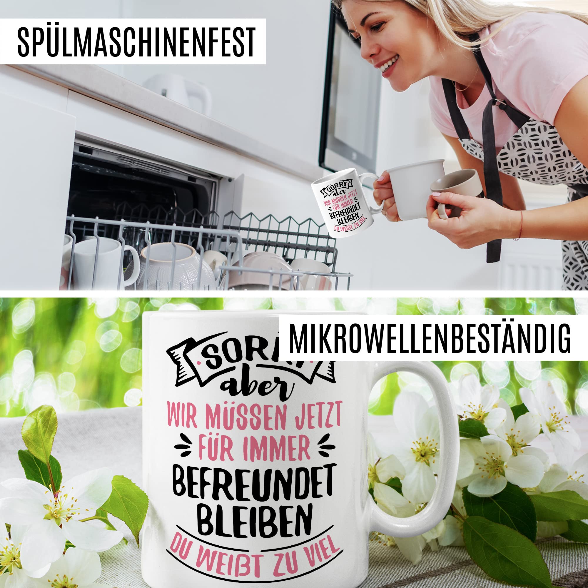Abschiedsgeschenk Tasse „Du Weißt Zu Viel“ – 330 Ml, Weiß/rosa, Spülmaschinenfest, Beidseitig Bedruckt