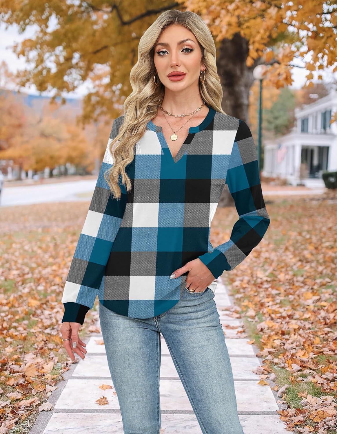 Gloria&Sarah Womens Casual Plaid Long Sleeve Shirts V Neck Fleece Tops Fall Winter Outfits - Image 6