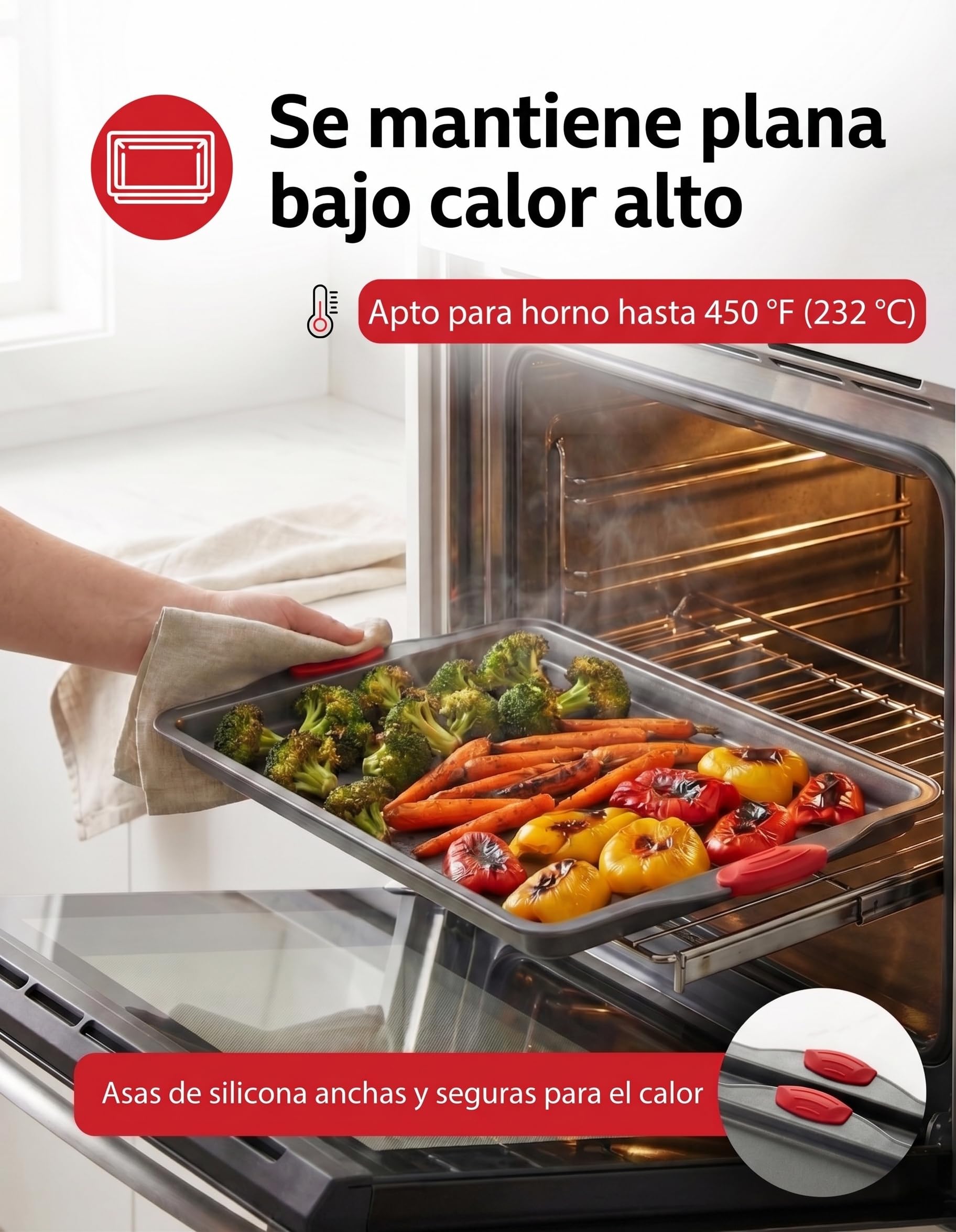Bandejas Horno Antiadherentes Juego 3 Piezas - Bandejas de Horno para Hornear de Acero al Carbono Resistentes a Deformaciones y Óxido, Sin PFOA, con Asas de Silicona, Aptas para Lavavajillas