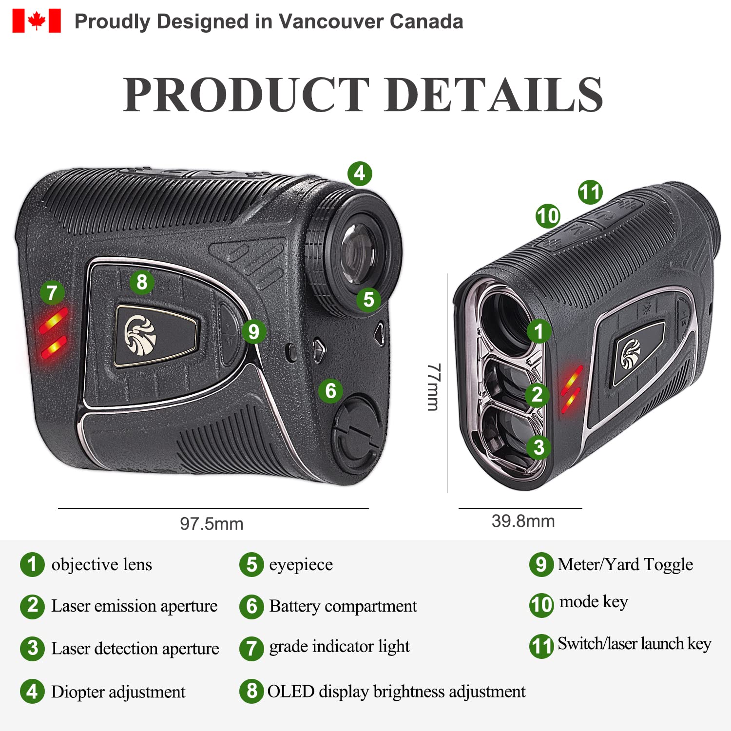 Fetch Falcon OLED - Telémetro de golf (alta precisión, modo de pendiente con escaneo), bandera de poste de bloqueo de vibración (hasta OLED 2500 yardas de alcance láser de golf, potente imán negro)
