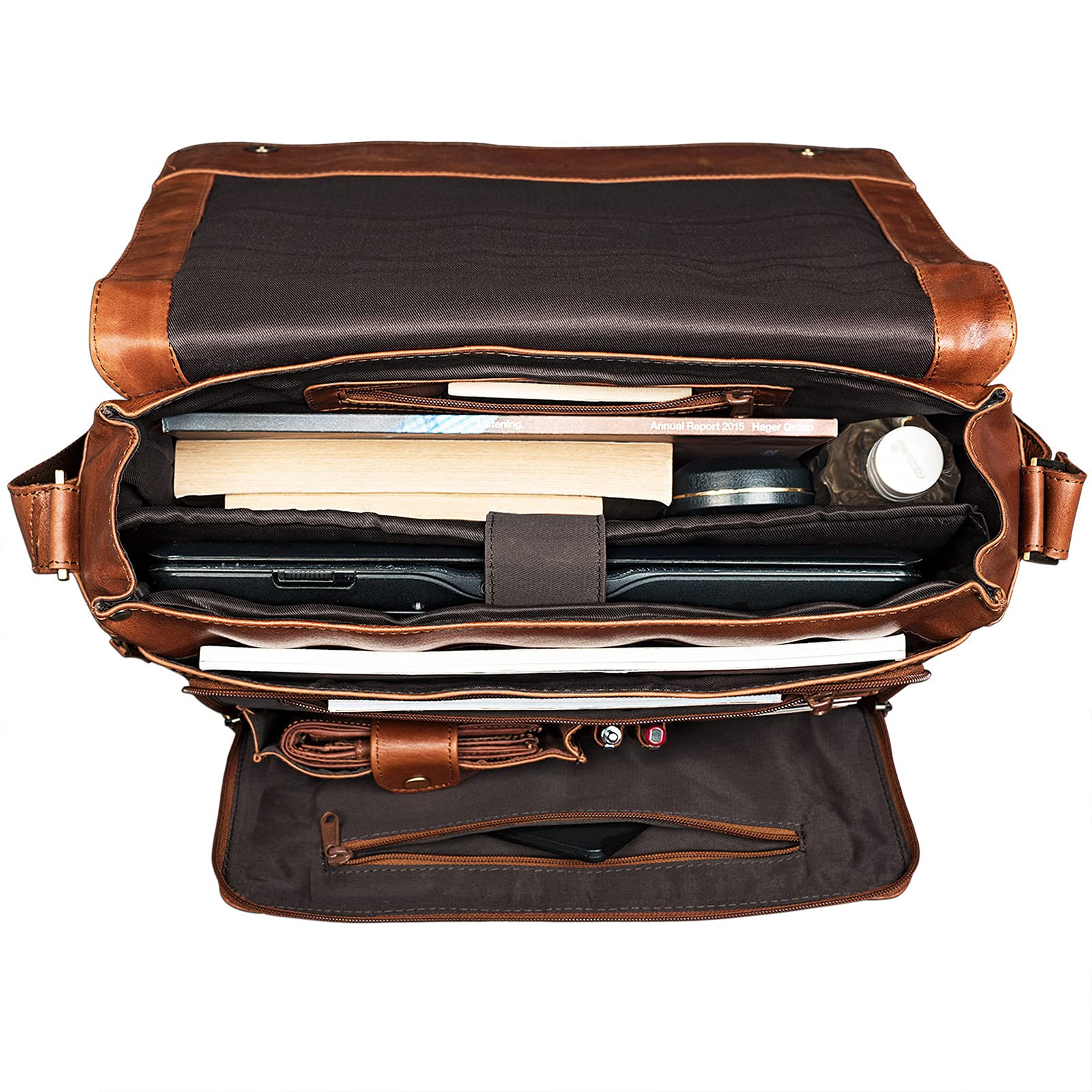 STILORD Rick Schultertasche Leder für 15,6 Zoll Laptop Umhängetasche Aktentasche Bürotasche Unitasche Büffel-Leder Farbe:Cognac - Hellbraun