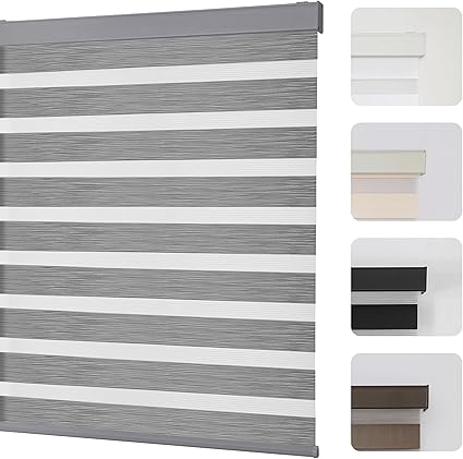 Joydeco Cordless Zebra Blinds for Windows, Dual Layer Light Control Window Blinds with Light-Proof Aluminum Cover, Free-Stop Roller Shades for Home & Office (Grey,34.5" W x 75" H)