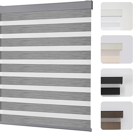 Joydeco Cordless Zebra Blinds for Windows, Dual Layer Light Control Window Blinds with Light-Proof Aluminum Cover, Free-Stop Roller Shades for Home & Office (Grey,34.5" W x 75" H)