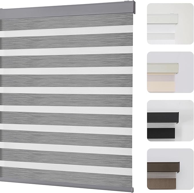 Joydeco Cordless Zebra Blinds for Windows, Dual Layer Light Control Window Blinds with Light-Proof Aluminum Cover, Free-Stop Roller Shades for Home & Office (Grey,34.5" W x 75" H)