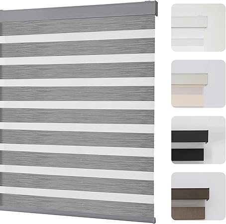 Joydeco Cordless Zebra Blinds for Windows, Dual Layer Light Control Window Blinds with Light-Proof Aluminum Cover, Free-Stop Roller Shades for Home & Office (Grey,34.5" W x 75" H)