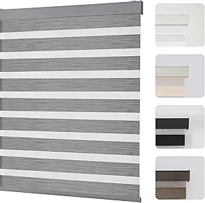 Joydeco Cordless Zebra Blinds for Windows, Dual Layer Light Control Window Blinds with Light-Proof Aluminum Cover, Free-Stop Roller Shades for Home & Office (Grey,18" W x 48" H)