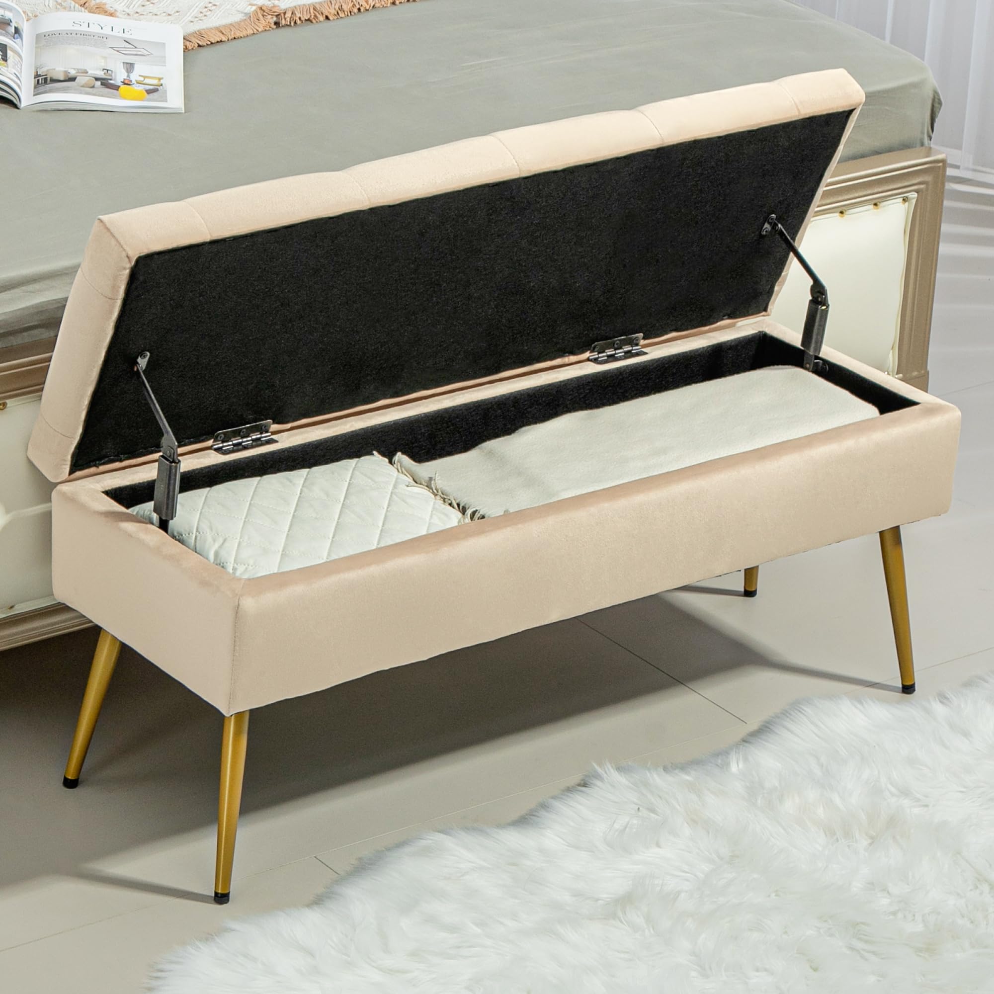 HOMCOM Banco almacenamiento tapa, terciopelo, 102x35x43cm, Beige | Banco tapizado, banco cama para pasillo, dormitorio, salón, marco metálico.