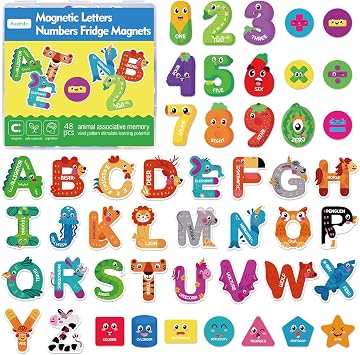 48Pcs Magnetic Letters and Numbers Fridge Magnets, 26 Uppercase Letters 0-9 Numbers Refrigerator Magnets Cute Animal Alphabet Magnets for Student School Learning Spelling