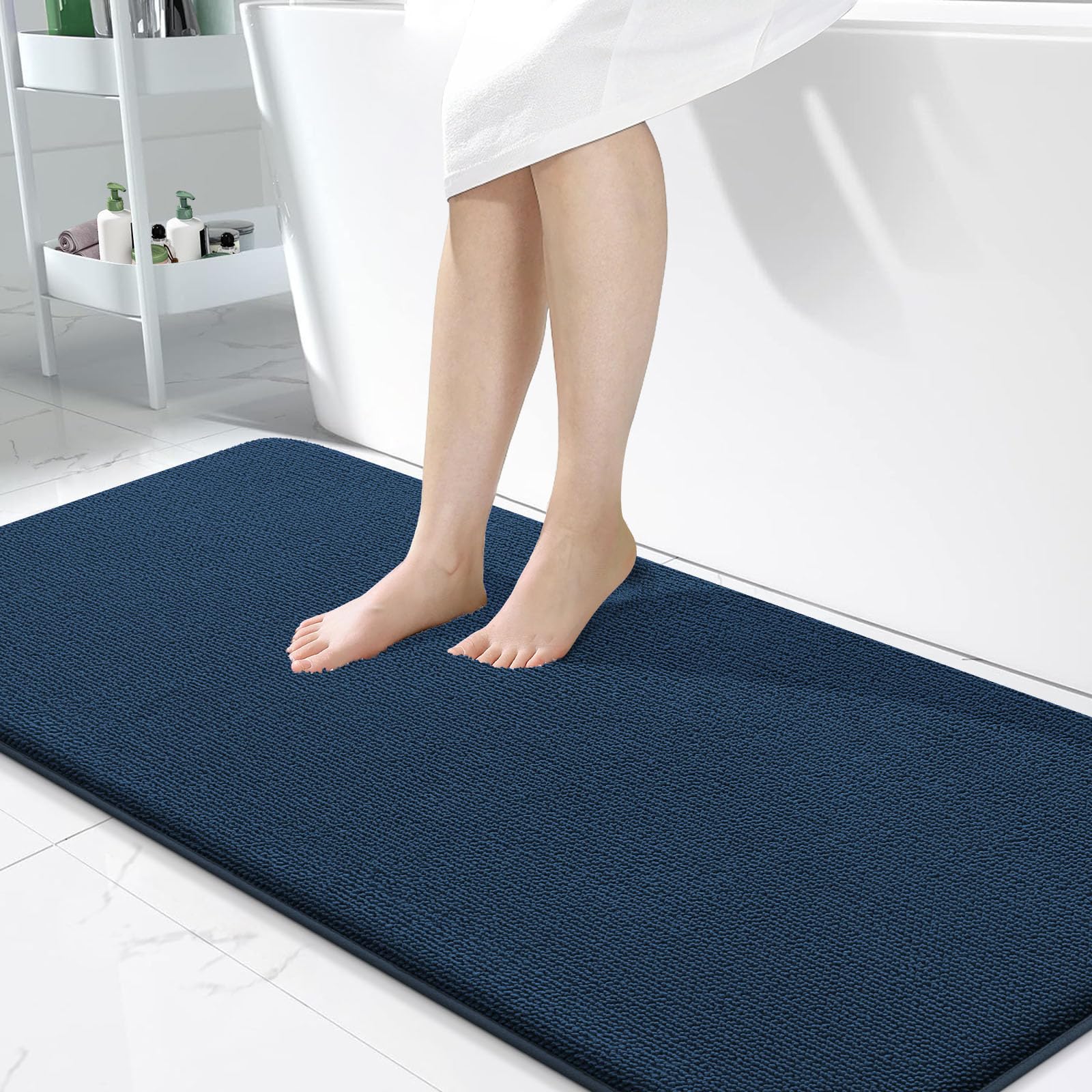 OLANLY Memory Foam Bathroom Runner Rug 47x24, Absorbent Long Bath Mat, Navy