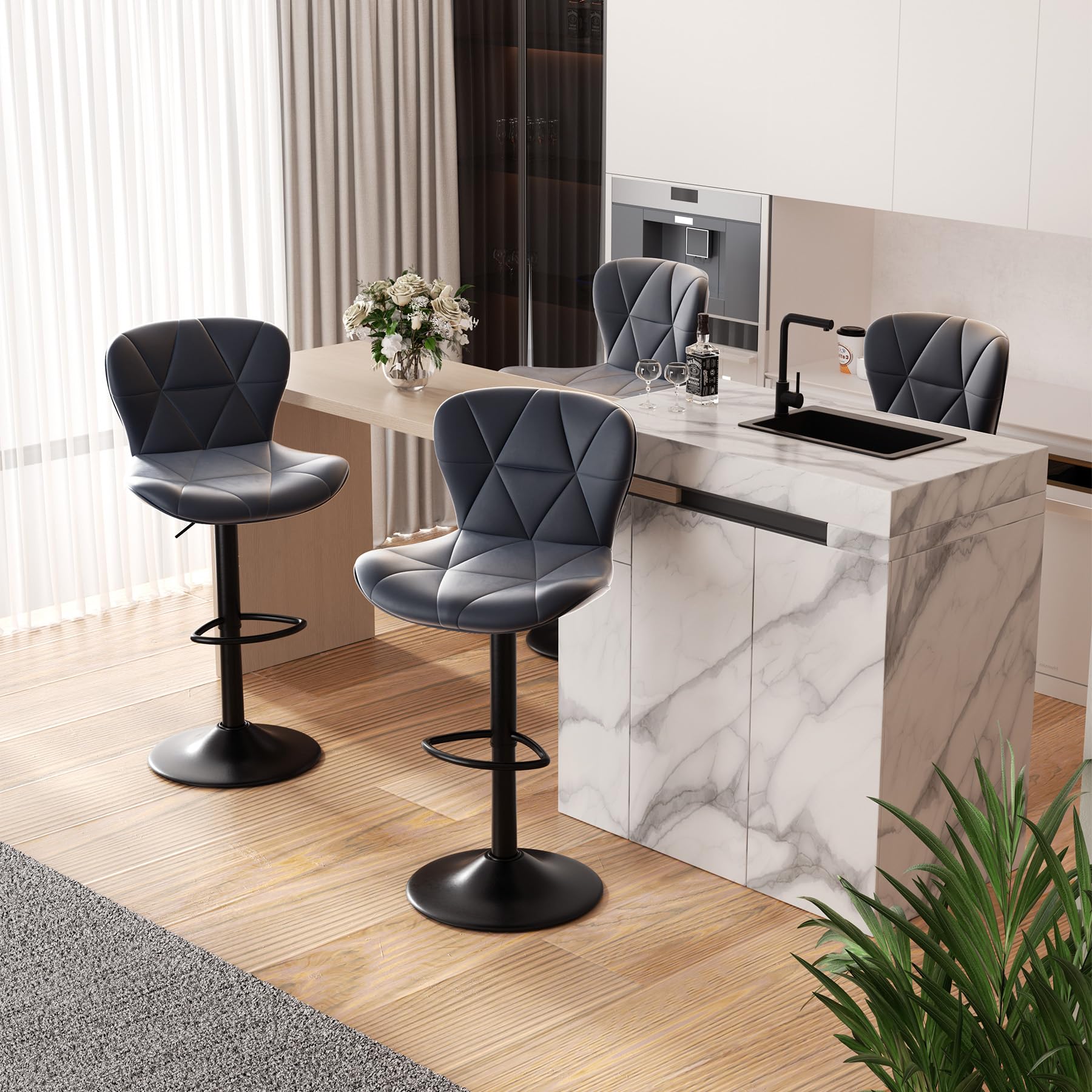 Hawthyhome Taburetes de Bar Juego de 2 | con Respaldo, Altura Regulable, Giro 360°, Cuero sintético, para Comedor, Bar en casa o Isla de Cocina, Color Gris Oscuro