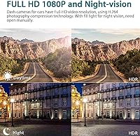 Vista 4 de Dash Cam, Dash Cam delantera y trasera, cámara de salpicadero de 4 pulgadas para coches, 1080P, gran angular de 170°, visión nocturna WDR G -Sensor