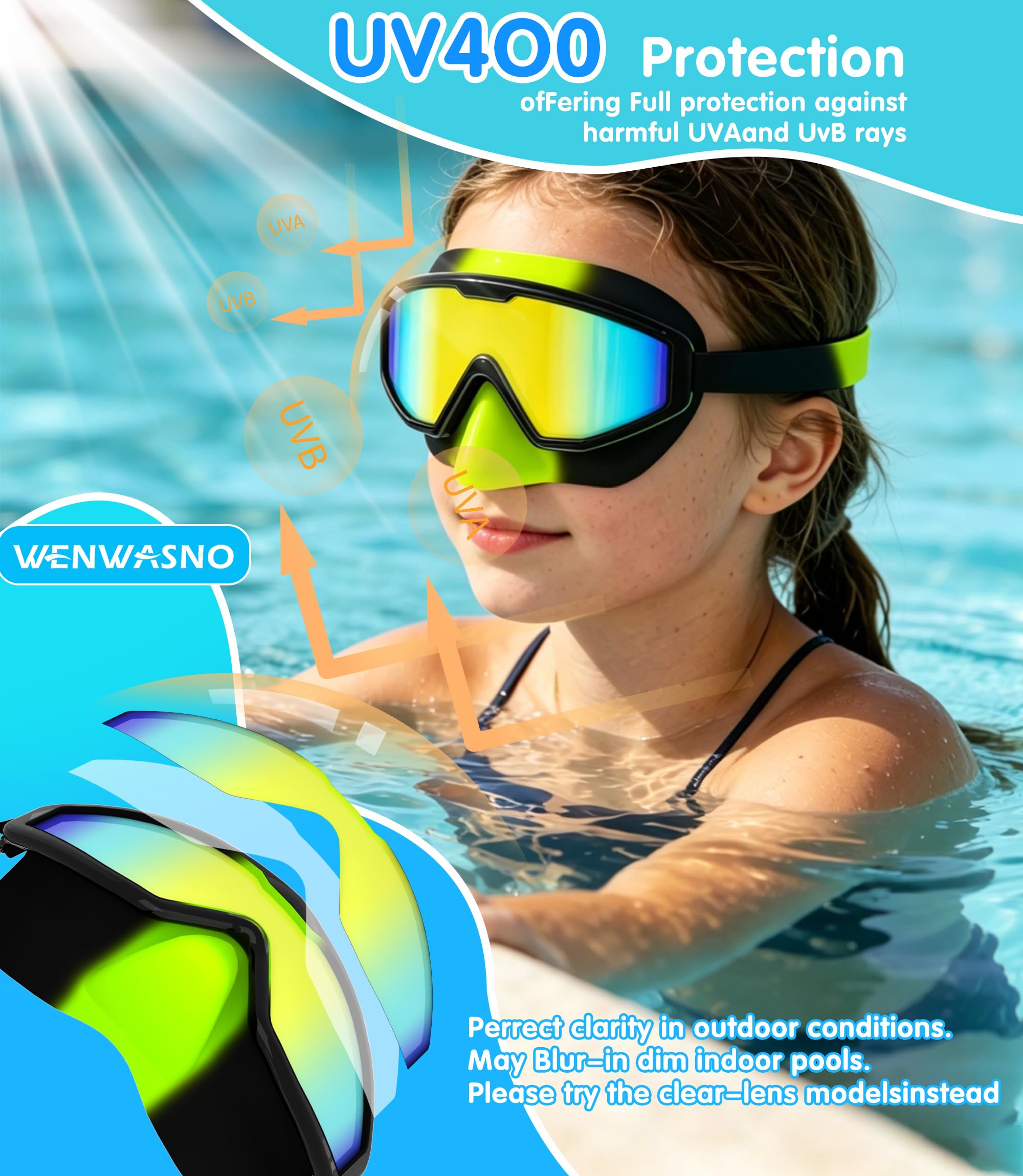 Occhialini da Nuoto per Bambini 2 Pezzi con Protezione Naso, Vista Larga Maschera Immersione Anti-Nebbia Anti-Nebbia UV Senza Perdita Piscina