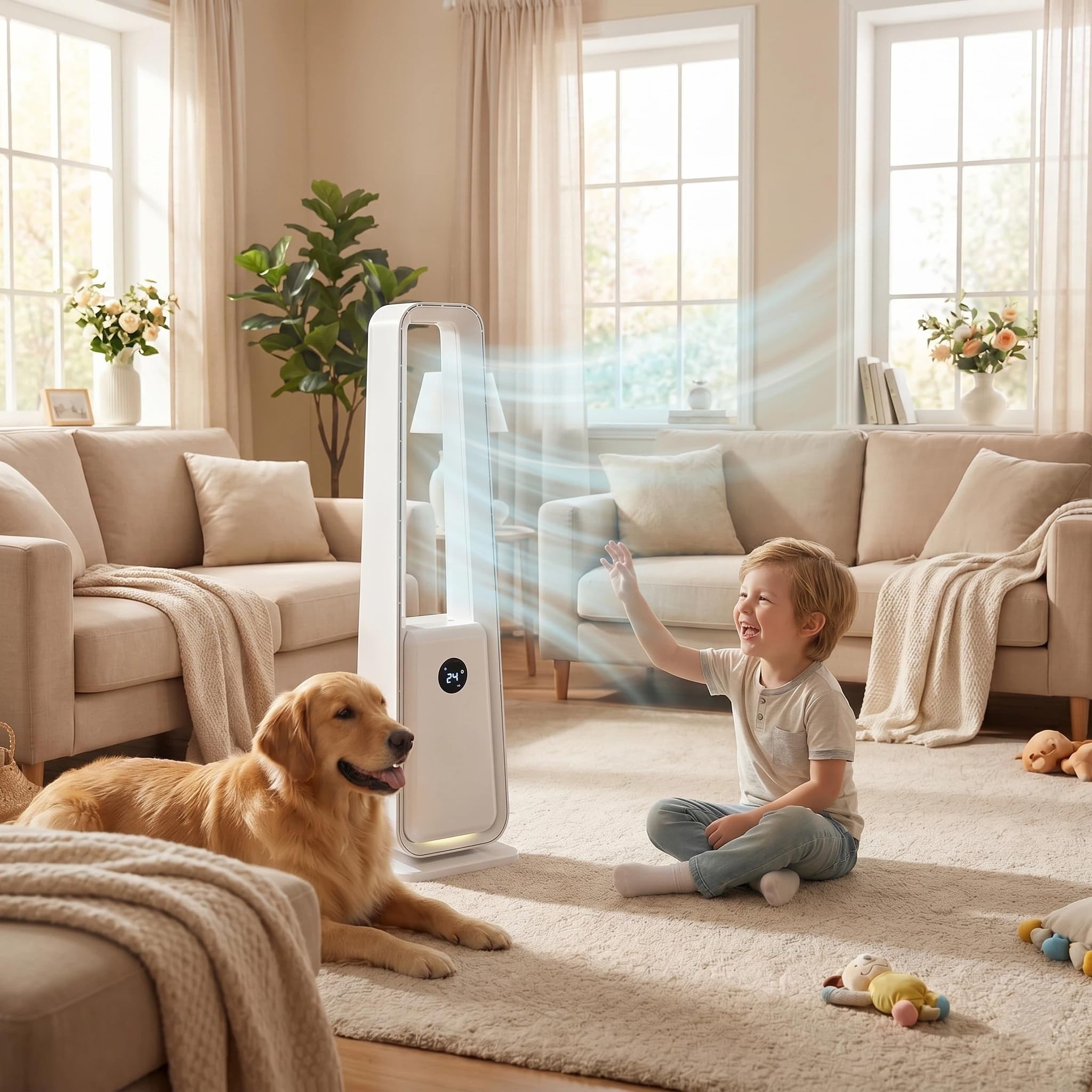 ThomP Ventilatore a Torre Senza Pale – Funzionamento Silenzioso, 24 Velocità, 3 Modalità, Oscillazione 75°, Timer 12H, 4 Colori LED, Telecomando per soggiorno, ufficio e camera