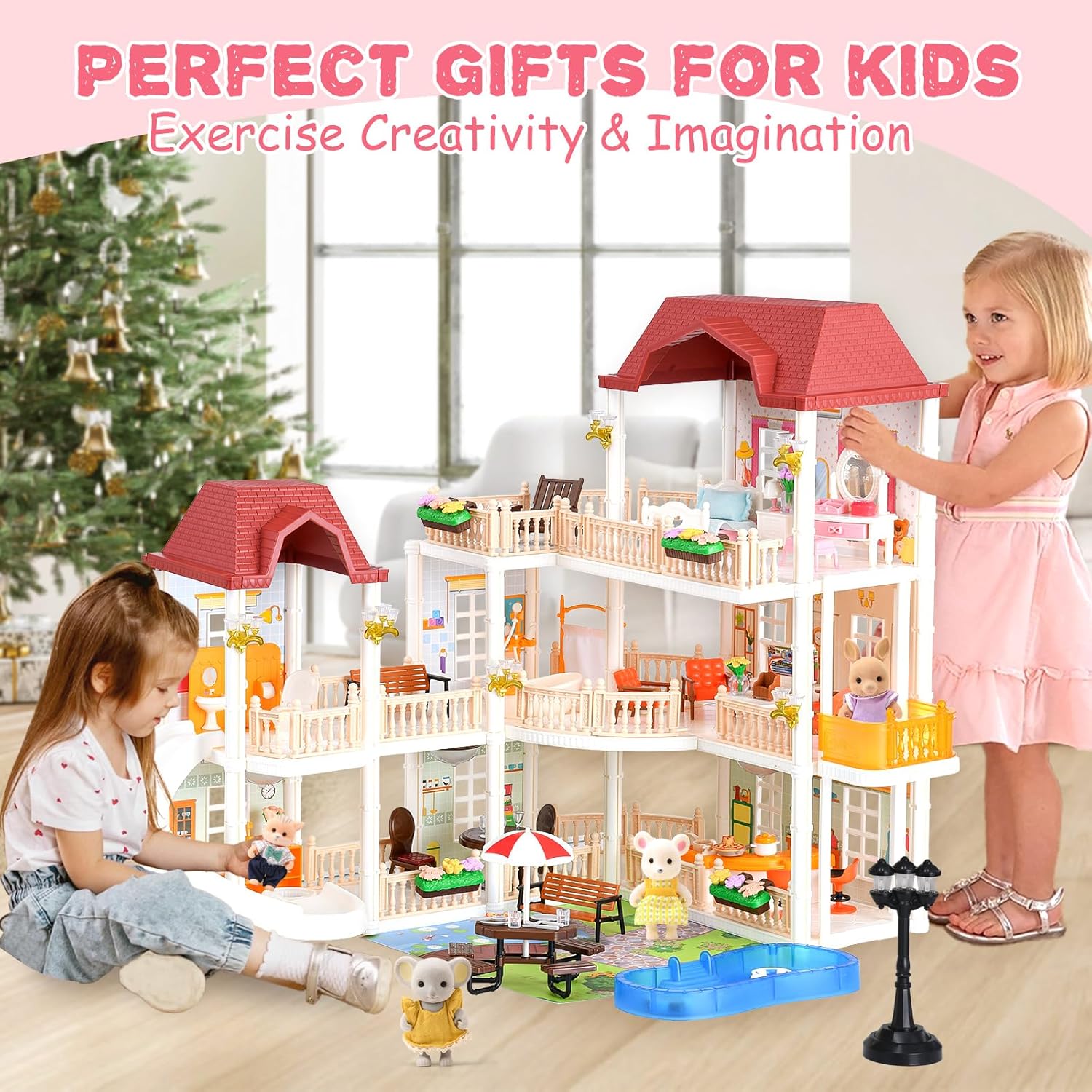 Doll House with 45 Pcs Furniture and Accessories, 3-Story with 4 Animal Dolls, Food Cooking Set, Warm Lights, Pool Slide and Movable Elevator, Pretend Play Dream Dollhouse for Girls 3+