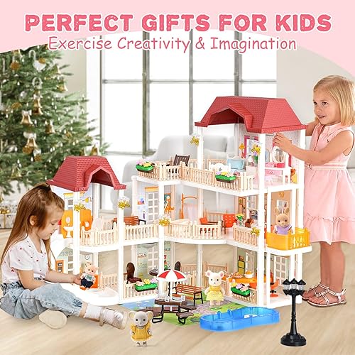 Miniatura 7 de Casa de muñecas grande para niñas de 3, 4, 6 a 12 años, juguetes para niños pequeños con 4 figuras de juguete, tobogán de piscina, elevador,