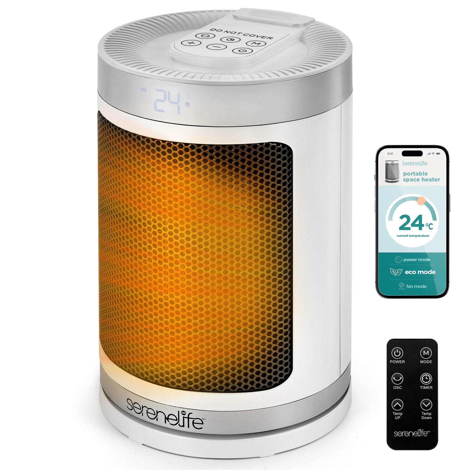 SereneLife Electric Space Heater, 1500W Portable Low Energy Ceramic Fan Heater Thermostat, WiFi & Remote Control, Silent Operation, 3 Modes, 12-Hour Timer, Indoor Use, Home, Bedroom, Office (White)