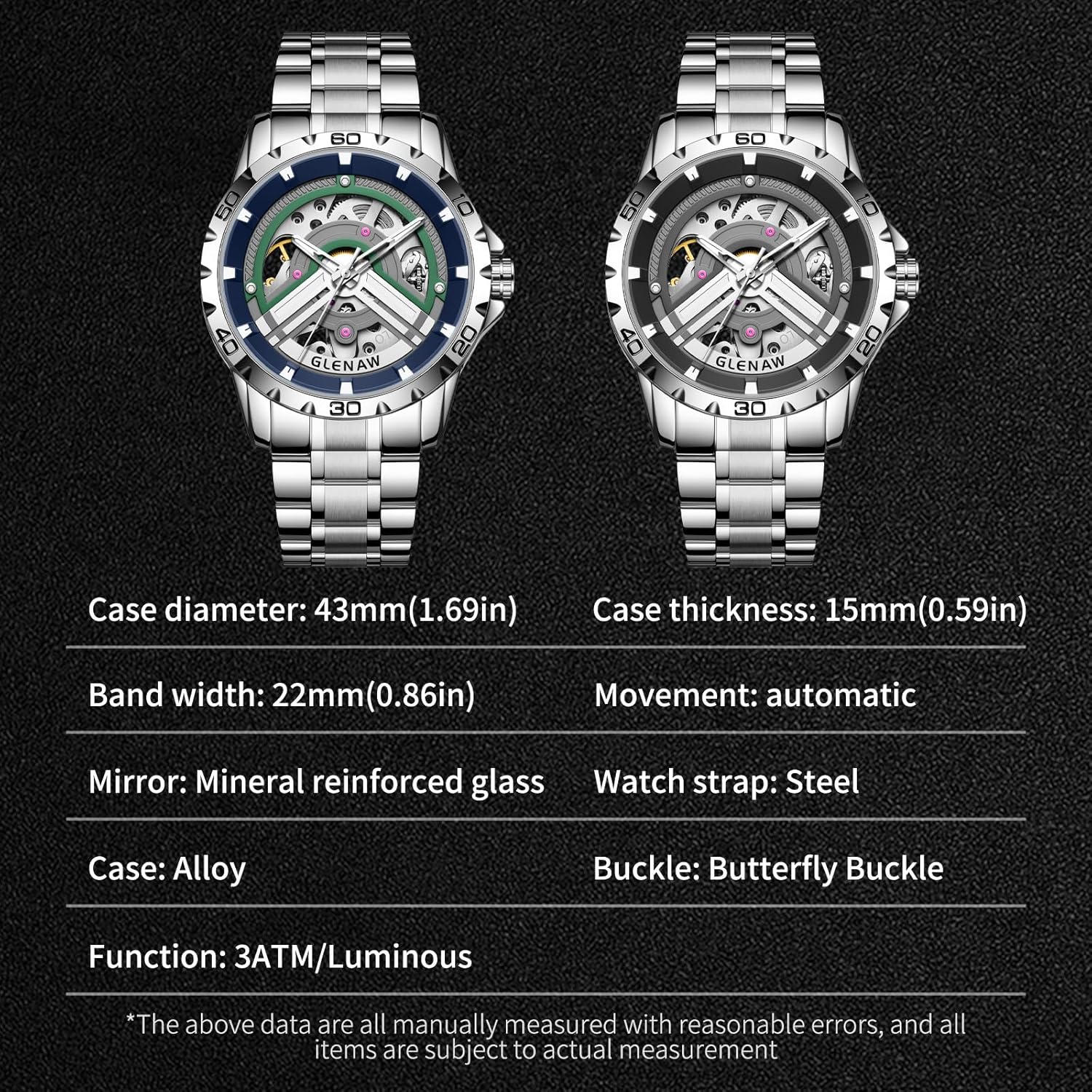 Skeleton Watches for Men, Automatic Mechanical Watch with Luminous Dial, Self Winding Watches Stainless Steel Bracelet - Image 6