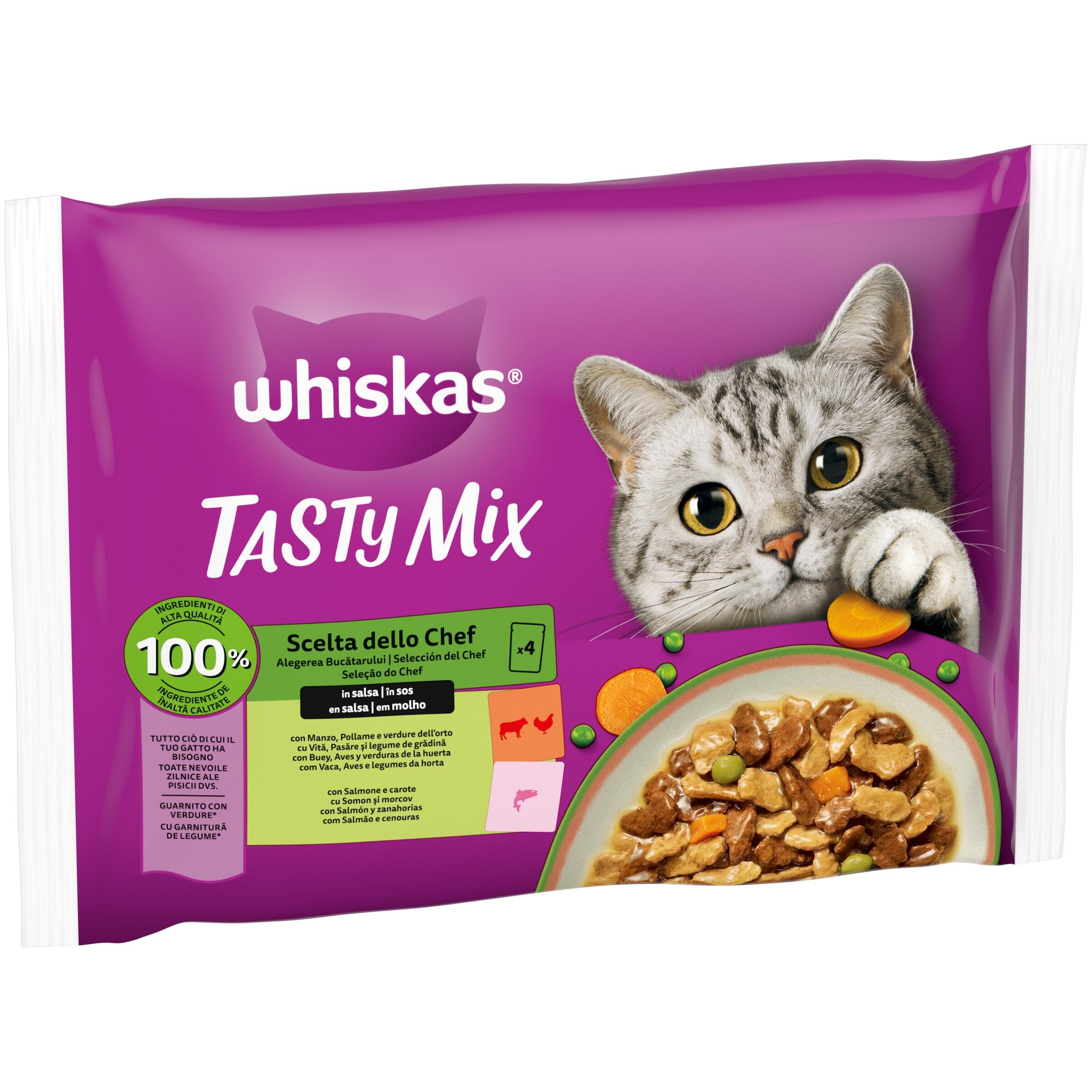 WHISKAS Tasty Mix Comida húmeda en Salsa Gatos Adultos Sel. Chef - 13 x 4 bolsitas x 85g