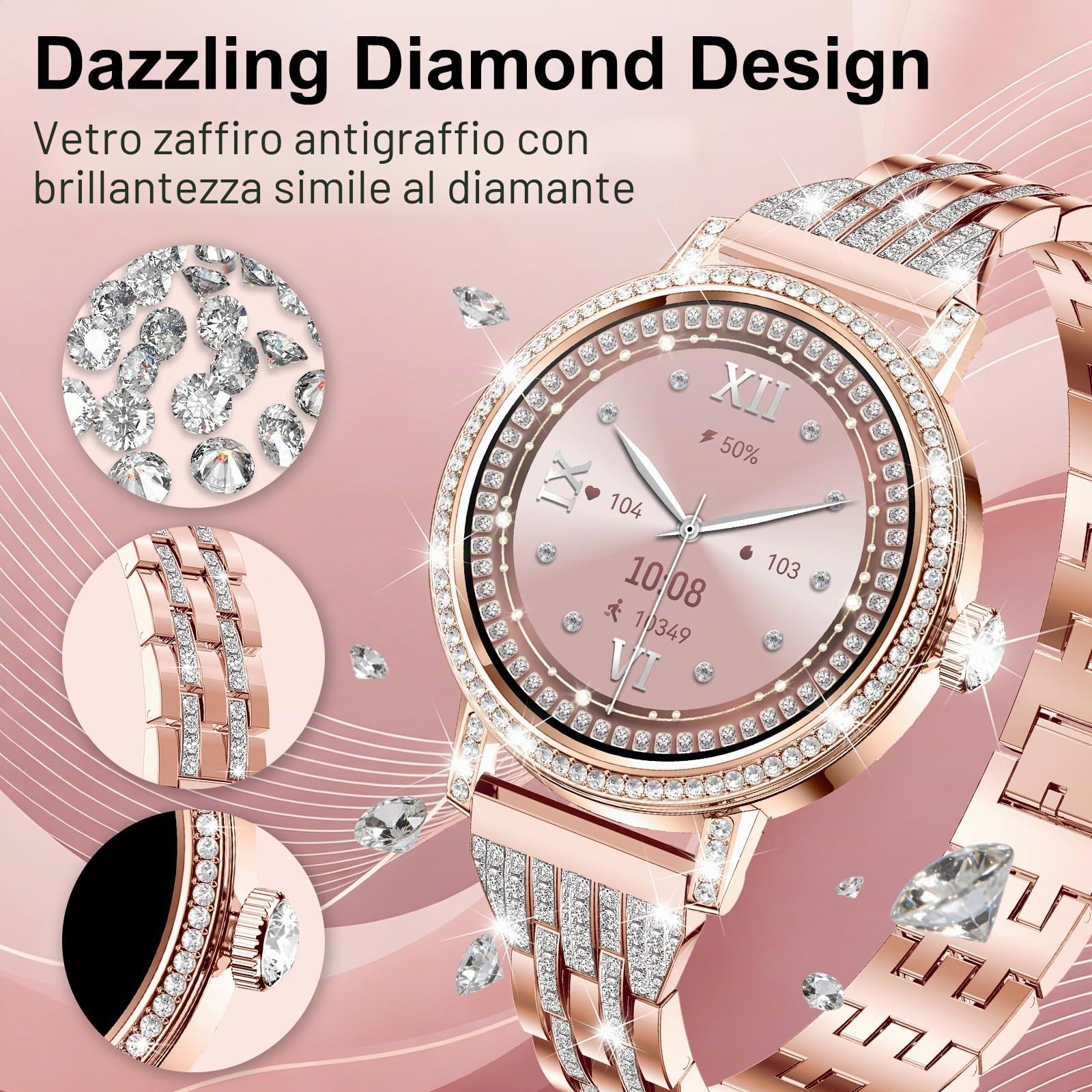 Smartwatch donna con Diamant,3 Cinturini,1,27" HD Smart Watch con Chiamate Bluetooth,Pressione/Sonno/Passi/HR/SpO2/Calorie,IP68 120+ Sportivo orologio donna smartwatch per Android/iOS,Oro rosa