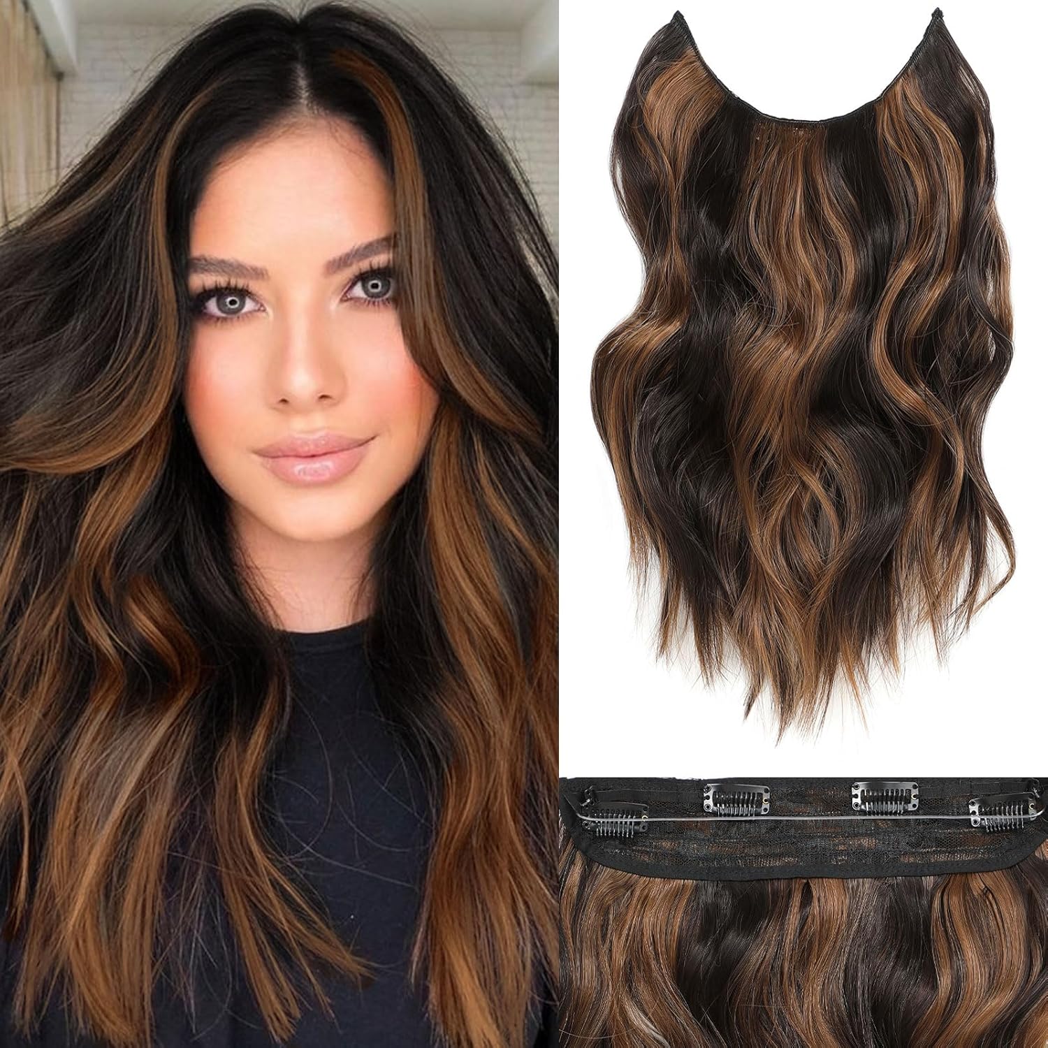 Halo Hair Extensions 16 Inch Invisible Wire Hair Extensions Adjustable Long Wavy Hairpiece Synthetic Upgrade 4 Secure Clips in Hairpieces 16 Inch,Dark Brown Mix Medium Brown 16 Inch Dark Brown Mix Medium Brown