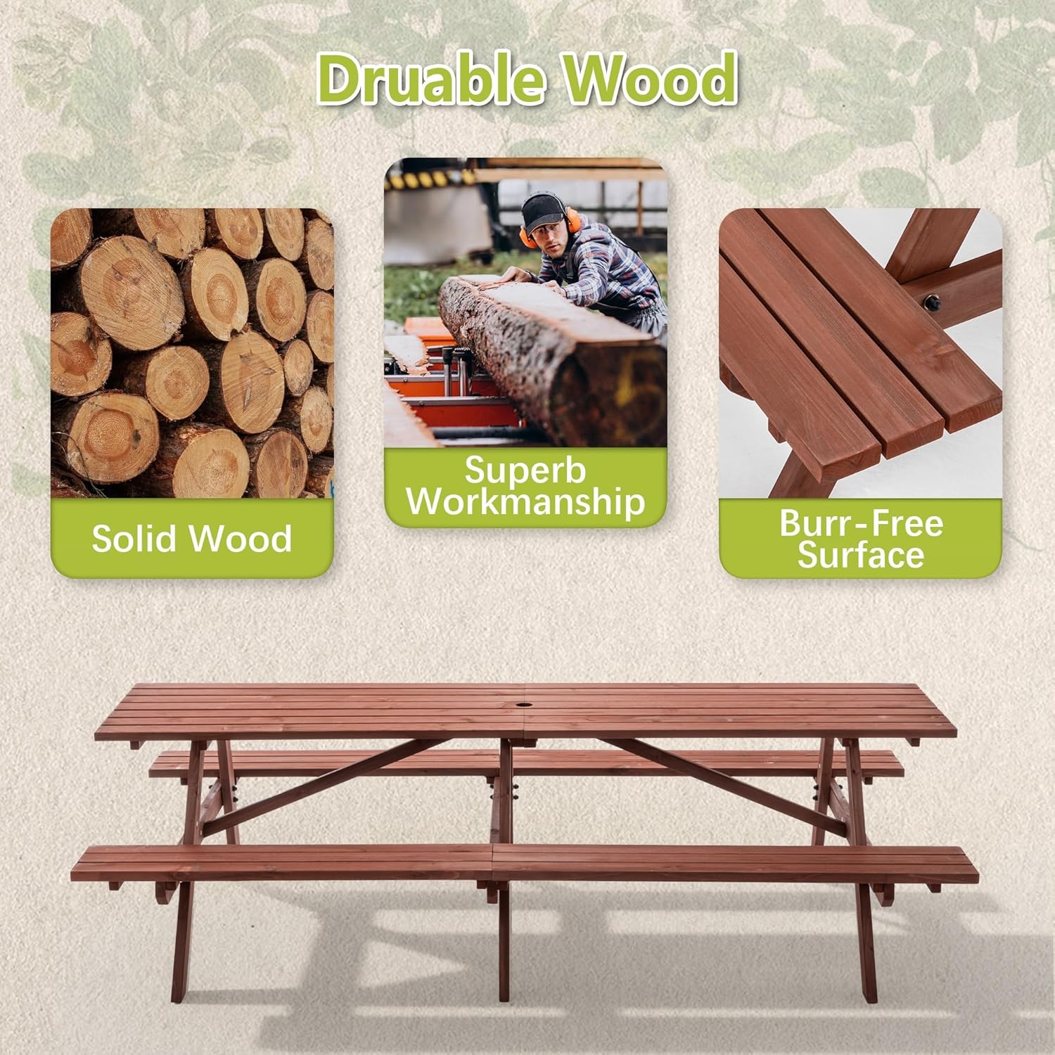 Brown Picnic Table with Benches, Large Outdoor Wooden Rectangle Table for Patio, Garden, Backyard, Dining Set with Umbrella Hole(12-Person)