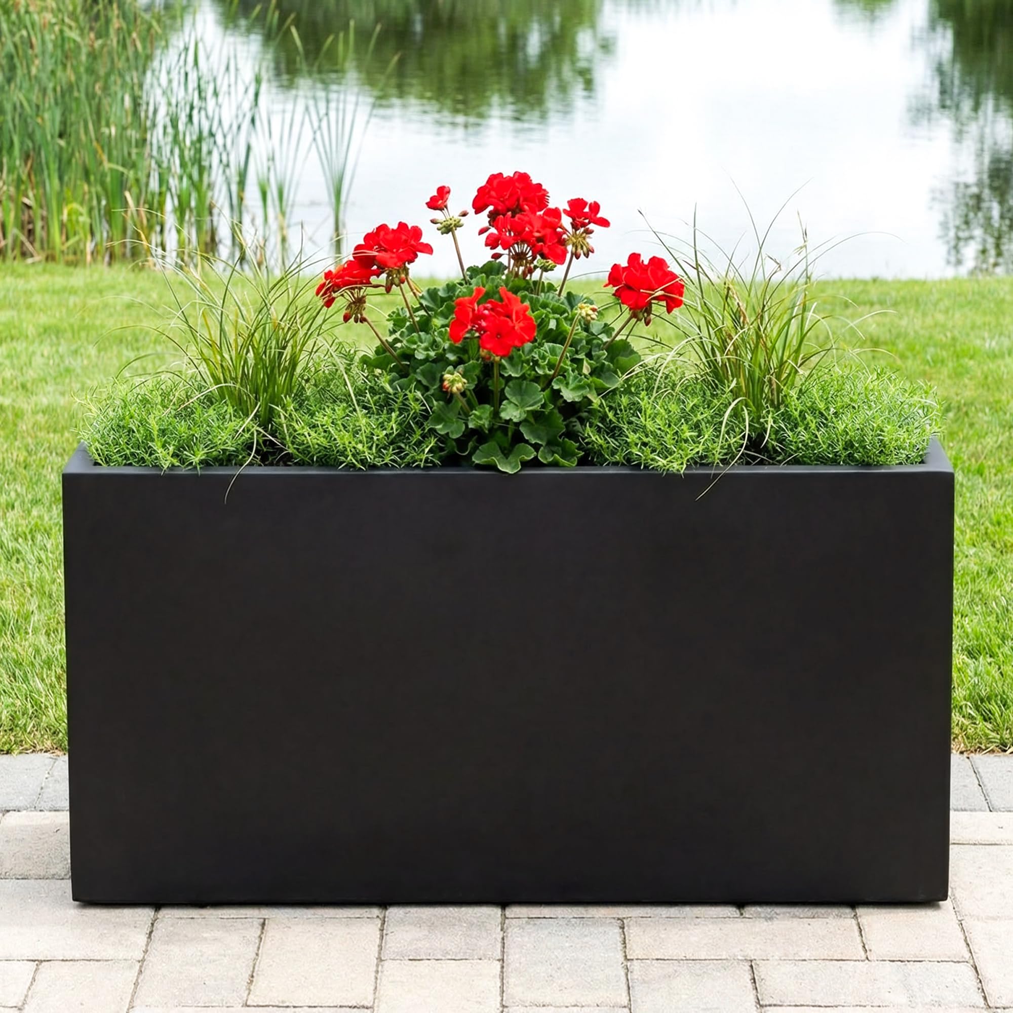 IDEALIST 85cm Large Trough | Black Reinforced Stone Rectangle Plant Pot | Garden Planters with Drainage Holes L85 W26 H41 cm, 60 litres