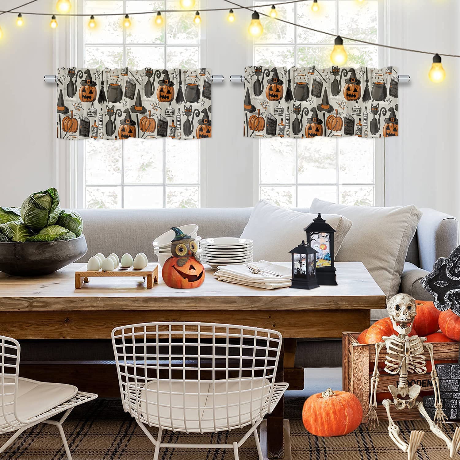 Halloween Window Valance - Pumpkin, Black Cat, Bat & Buffalo Check Pattern, 54x18 Inch, Polyester