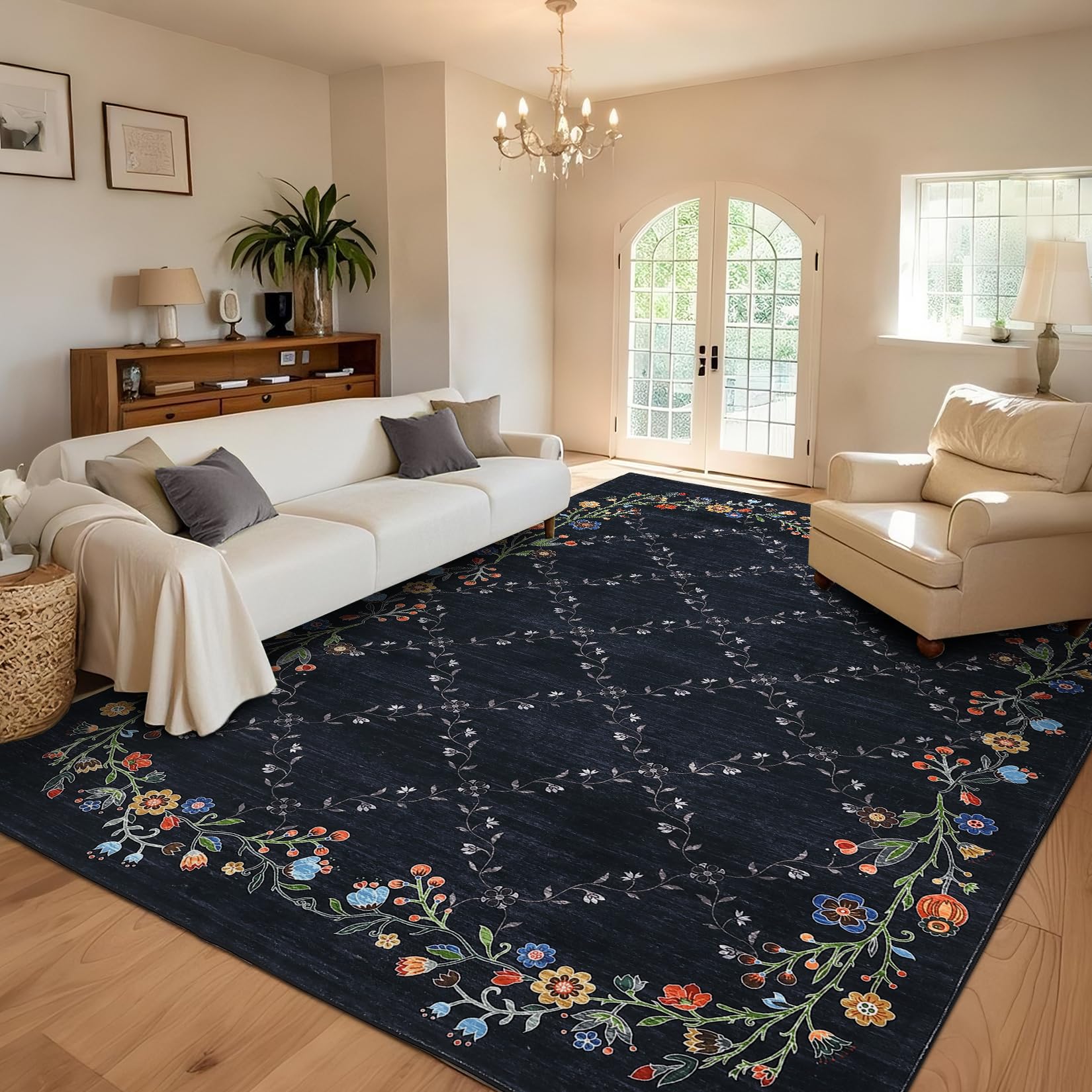 GarveeHome 10x13 Washable Floral Area Rugs for Living Room: Modern Floral Non Slip Large Area Rugs for Bedroom, Large Machine Washable Living Room Low