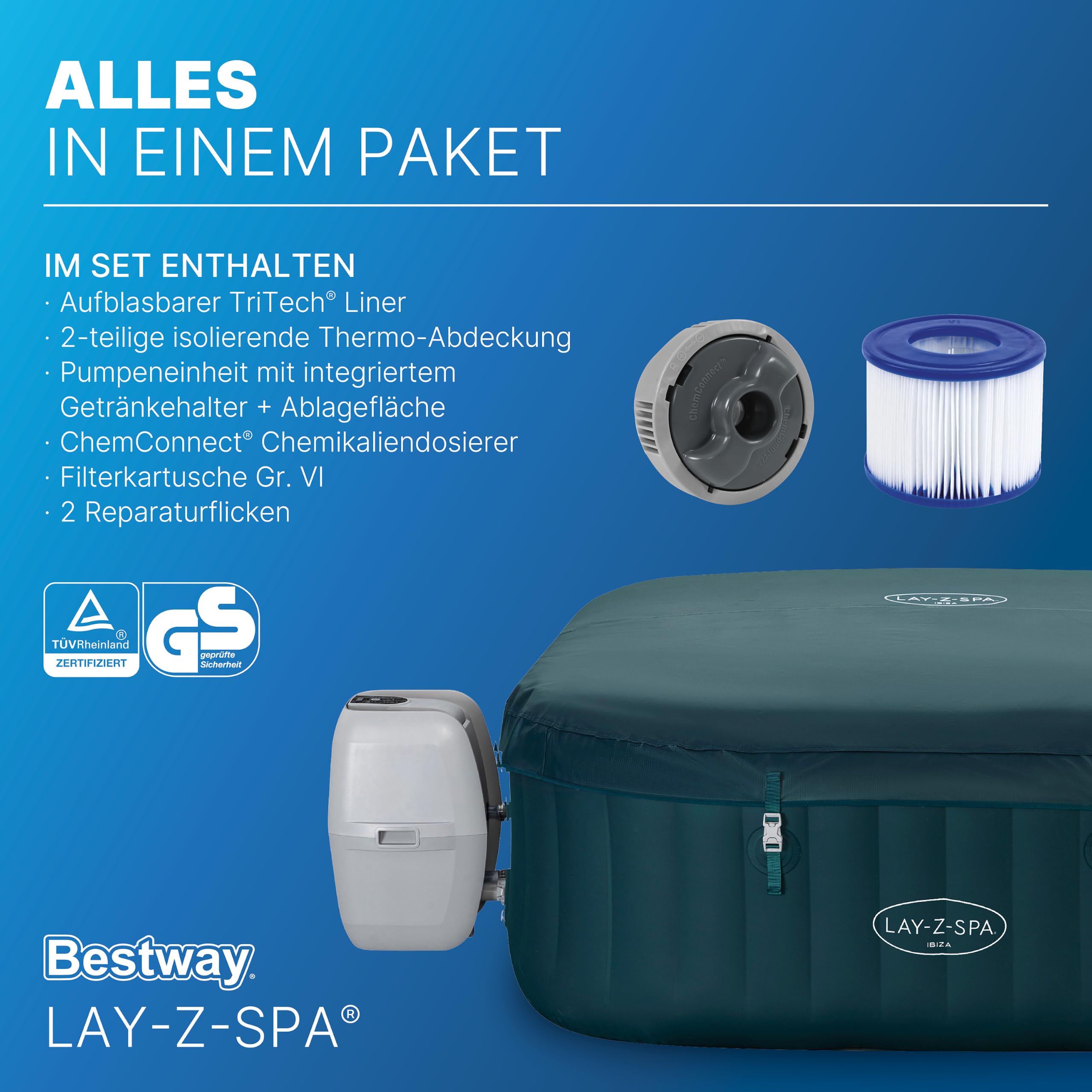 Bestway Lay Z Spa Ibiza AirJet Energiespar-Whirlpool 180x180 cm – aufblasbarer Whirlpool für 6 Personen mit 140 Luftdüsen, EnergySense Isolierung, Frostwächter & Timer – dunkelgrün