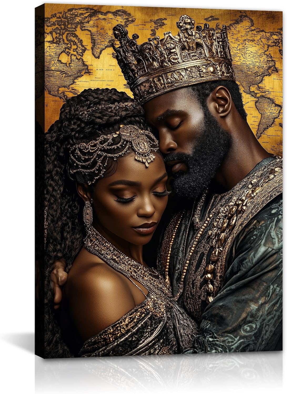 GLOKAKA Black Gold King Queen Canvas Wall Art African American Canvas Prints Regal Romantic Paintings for Bedroom Living Room Decor(Artwork-1,16"x20")