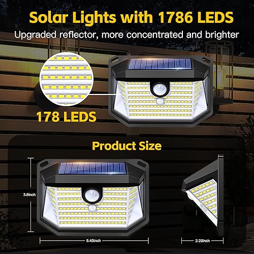 Miniatura 5 de Luces solares con sensor de movimiento para exteriores, 178 LED, 300 lúmenes, impermeable, IP65, luz de seguridad montada en la pared con 3 modos,