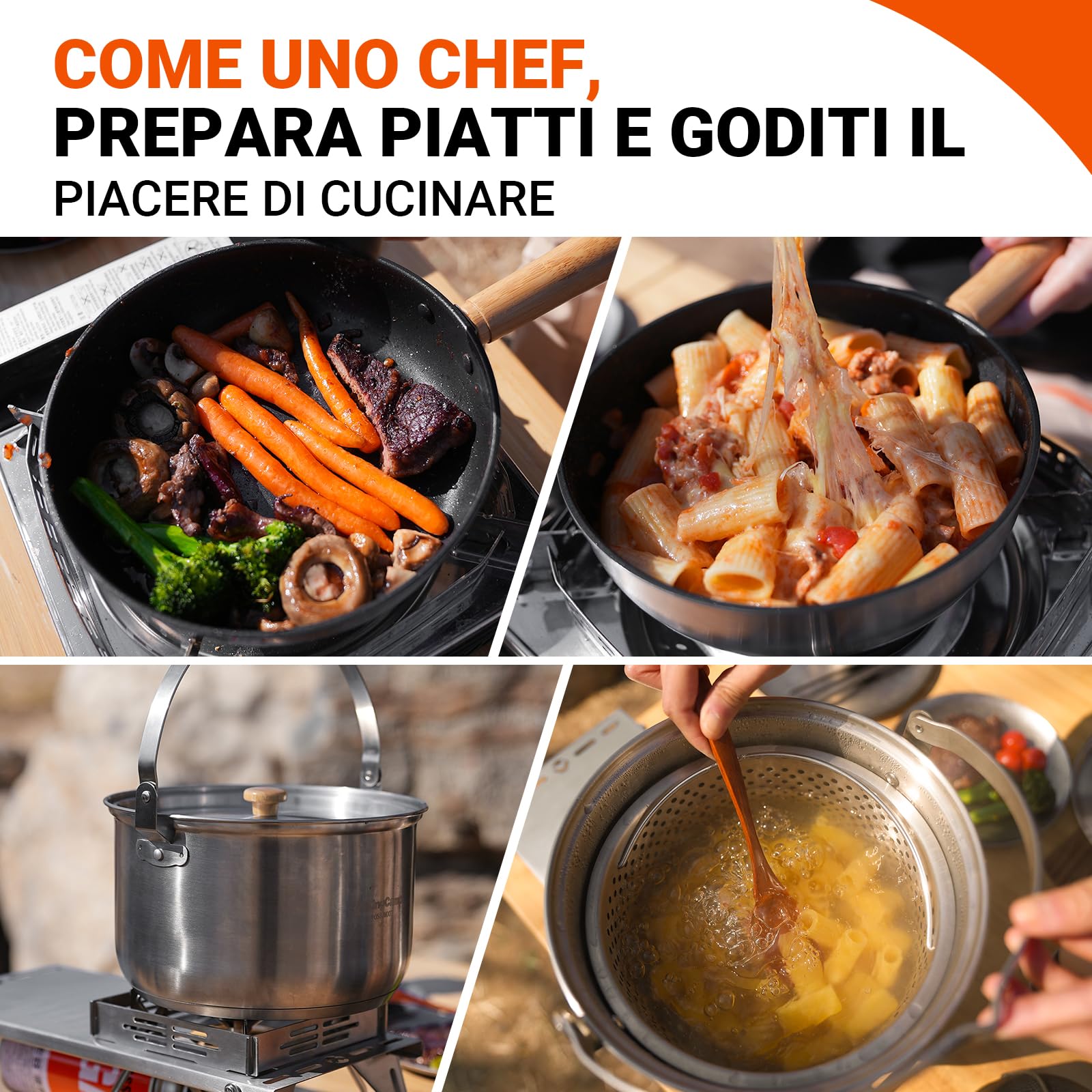 KingCamp Set di pentole da campeggio in acciaio inox, per fornelli da campeggio