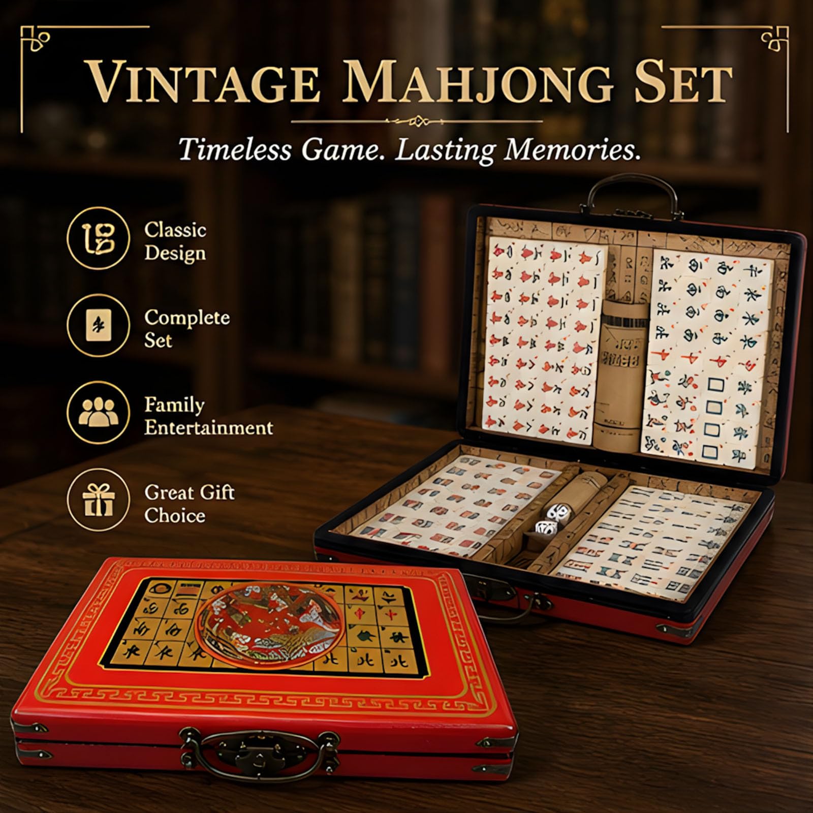 Mahjong portatile con custodia con maniglia per trasporto, 144 per serate gioco da tavolo, scatola compatta per riunioni famiglia e giochi gruppo da tavolo Custodia per Home