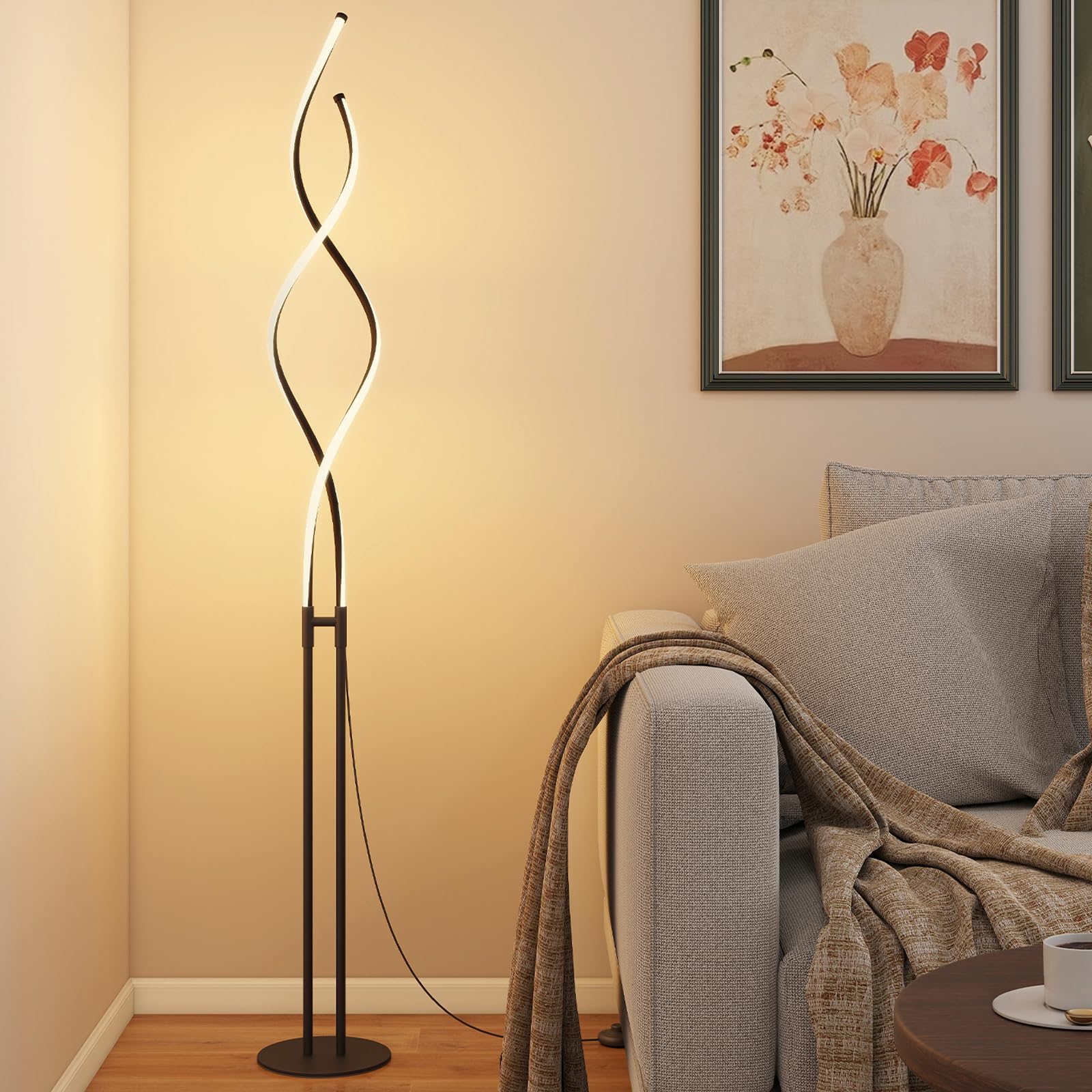 ZealWe Floor Lamp, LED Floor Lamps with Spiral Design for Living Room, Standing Tall Corner Lamp, Standard Lamps with 3 Brightness Levels for Bedroom, Black