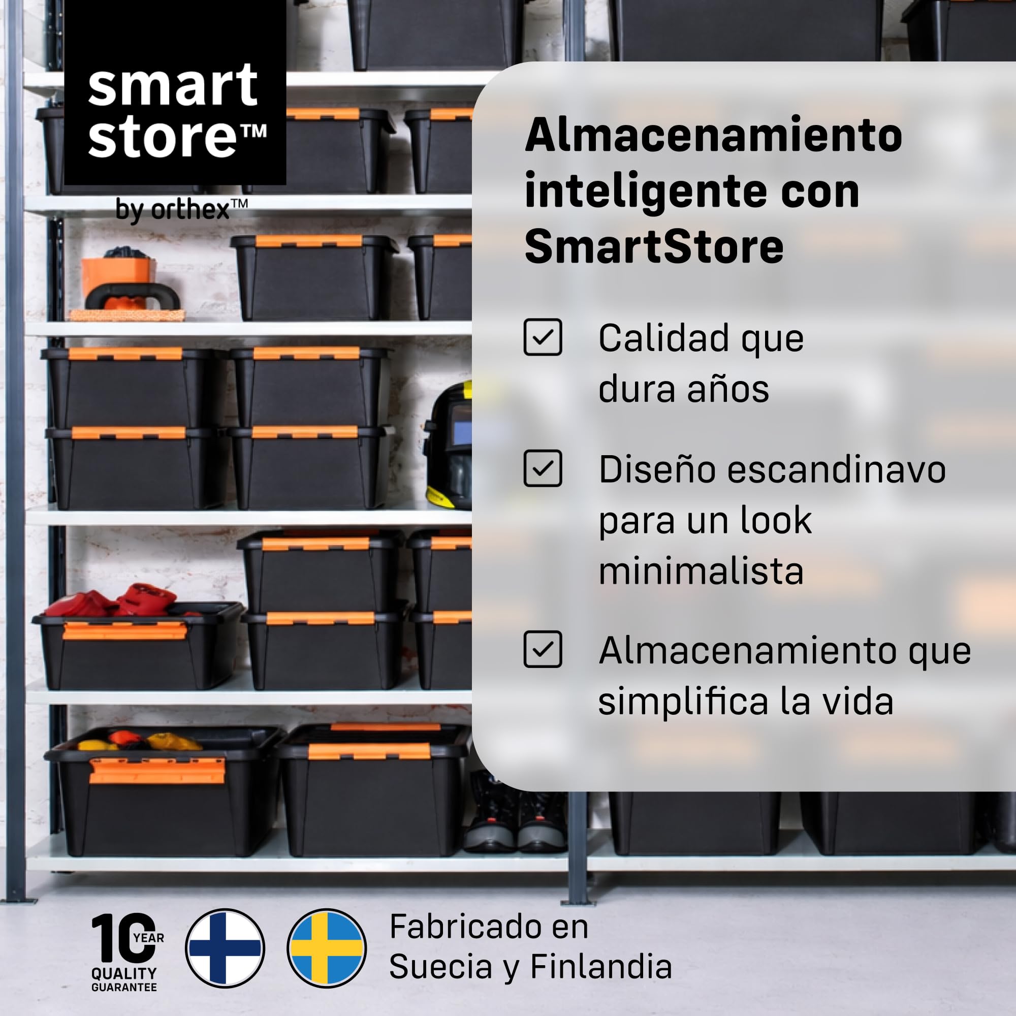 SmartStore Caja Almacenaje Resistente con Tapa I 49L I Pack 4 Cajas Apilables I Garaje Taller Mudanza I Cierre Clip I Made in Sweden I Negra I 59 x 39 x 34 cm