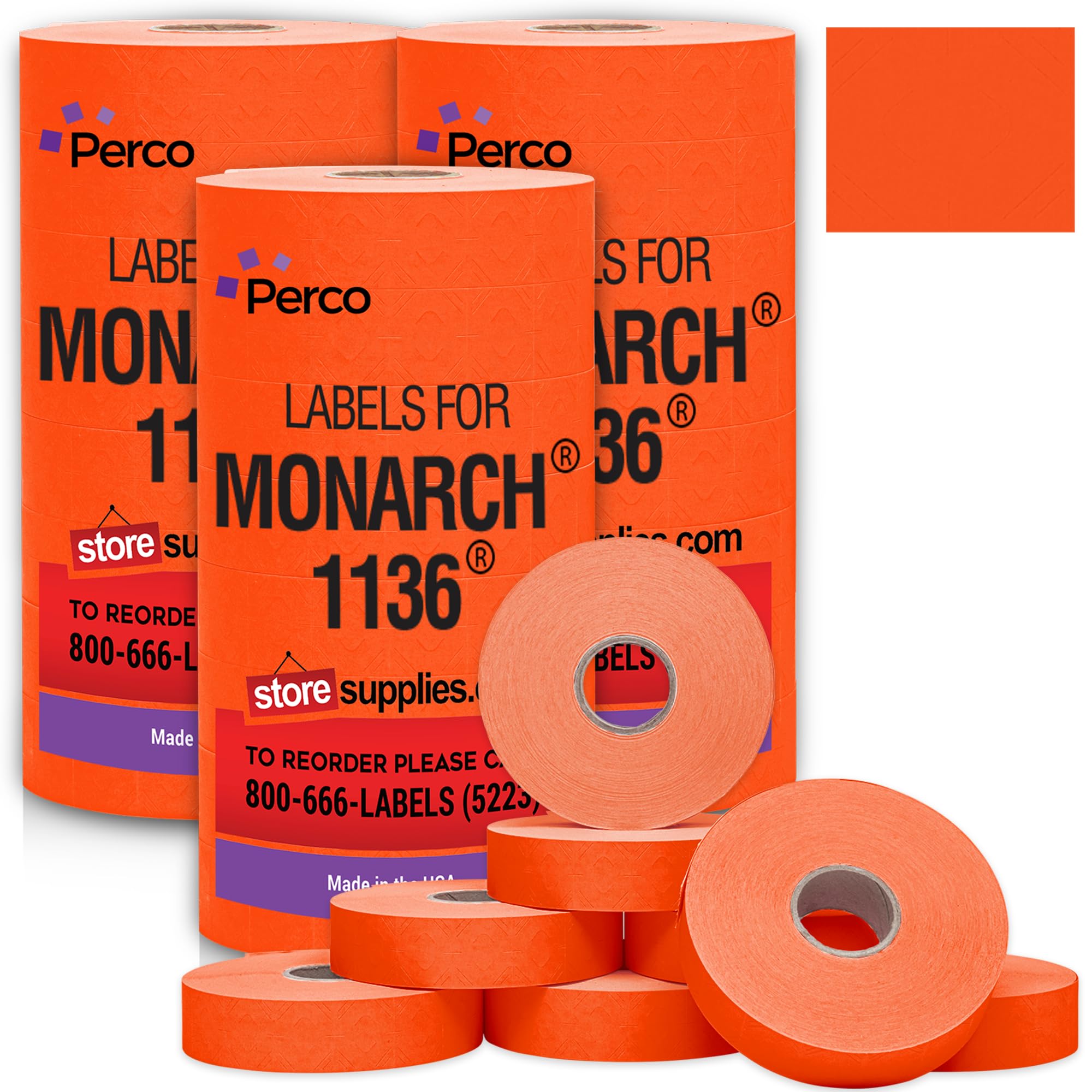 Perco Fluorescent Red Pricing Labels for Monarch 1136 Price Gun – 3 Sleeves, 24 Rolls Value Pack - 42,000 Price Marking Labels – with Ink Rolls