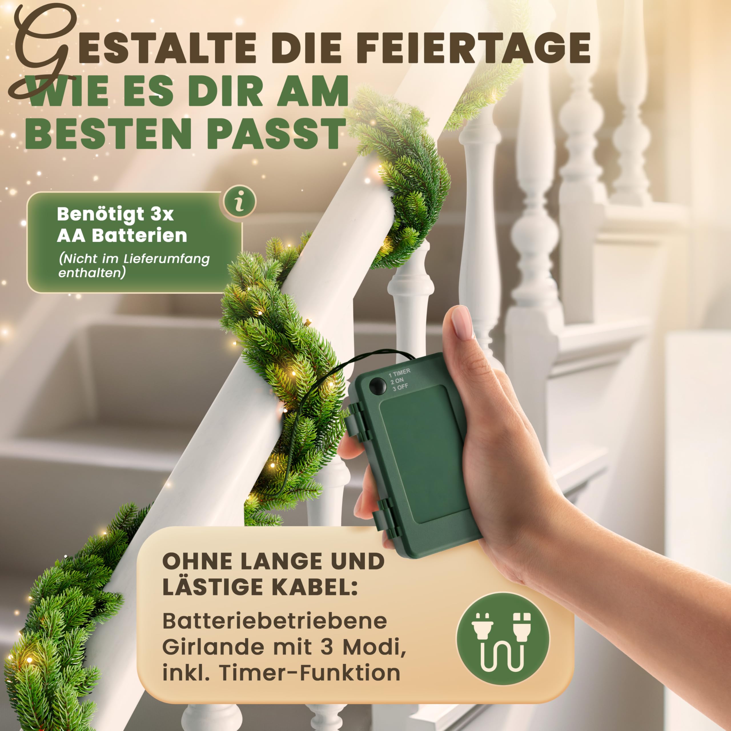 ArtiTree Weihnachtsgirlande - Naturgetreue Tannengirlande, 270cm Grün, LED-beleuchtet, Perfekt für Weihnachtsdeko, Treppengeländer & Türrahmen