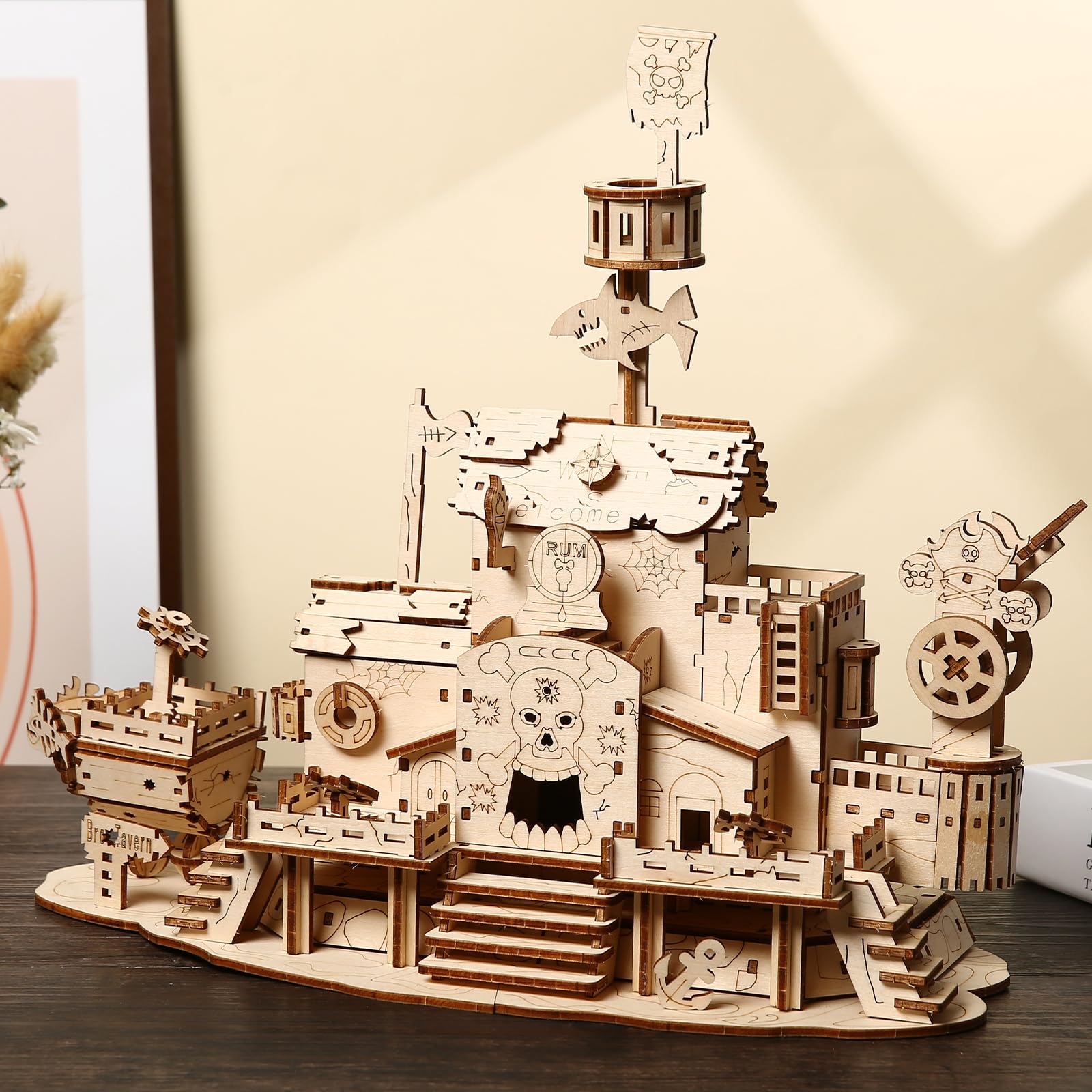 Hallisun 3D Wooden Puzzle for Adults, 3D Puzzle Model Pirate Tavern Mechanical Model Kit, Pirate Hotel Building Construction Craft Set for Halloween Decor, DIY Hobbies Home Decoration Gifts 220 PCS