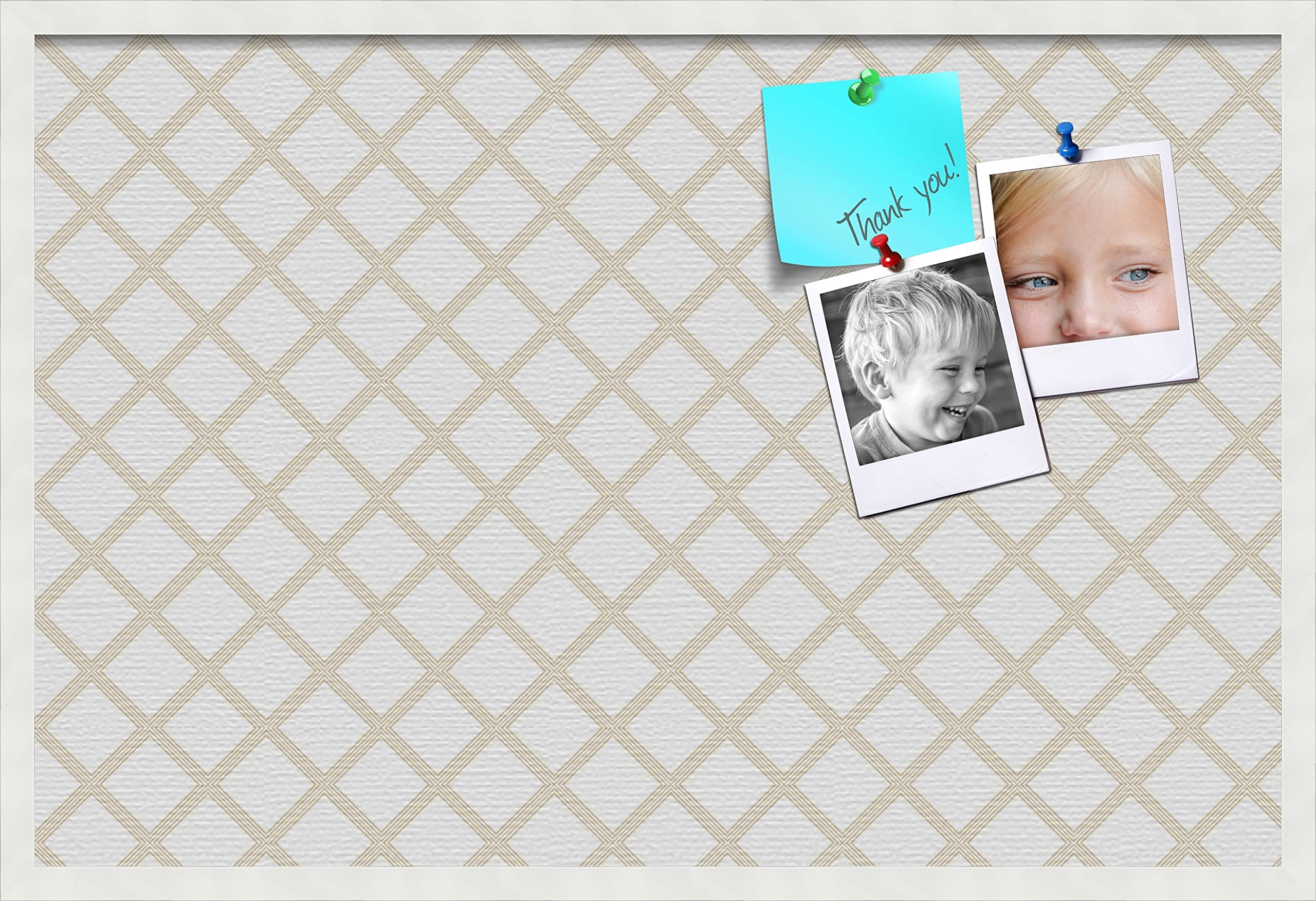 pin Cork Bulletin Board Made from Canvas, Diamond Modern Pattern Beige White 36x24 Inches 2 x 3 ft and Framed in Satin White Frame (PinPix-Group-87)