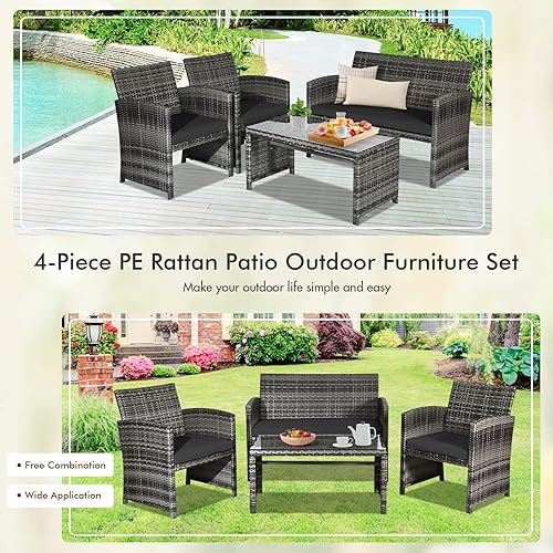 Miniatura 5 de Goplus Juego de muebles de ratán de 4 piezas, sofá de conversación de mimbre para exteriores con cojines resistentes a la intemperie y mesa de