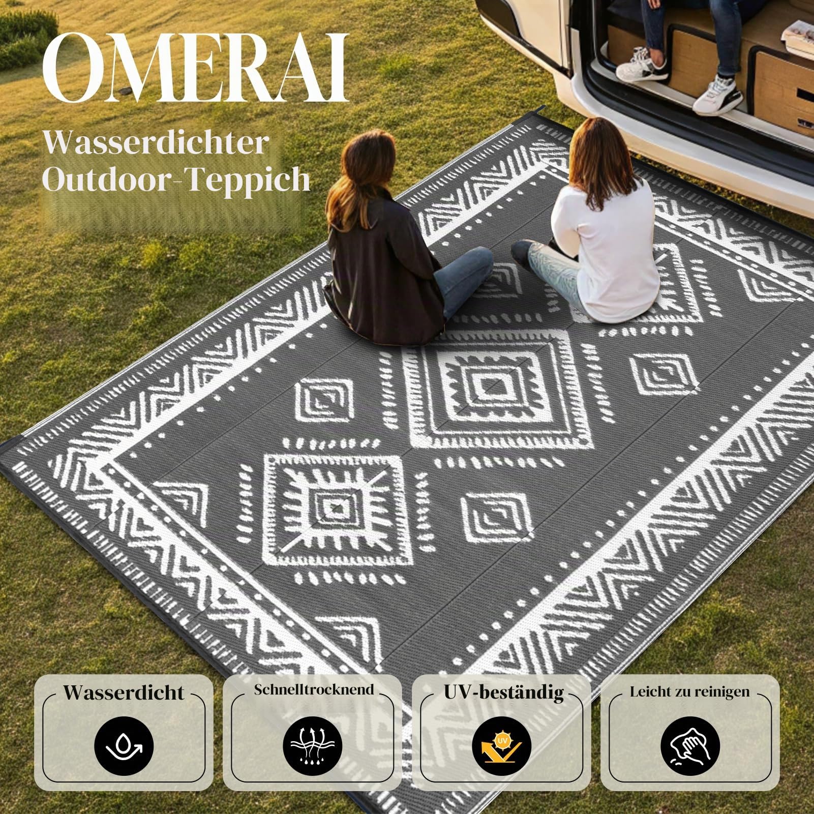 OMERAI Outdoor Teppich Wetterfest Garten Balkon Teppiche Terrasse Wasserdicht Leichtgewicht Reversible Outdoor Recycled Kunststoff UV Beständig Camping Teppich Garten Matte, Grau 180X270CM