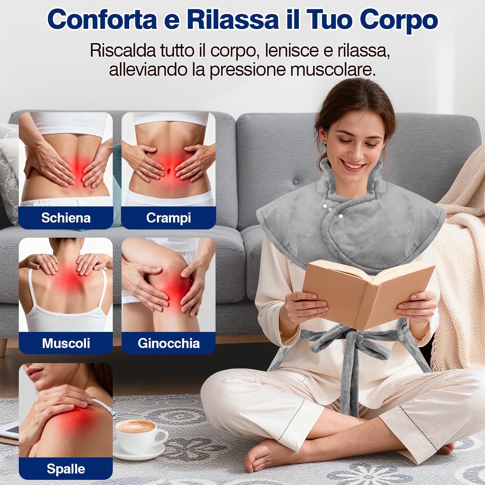 Termoforo Elettrico Cervicale e Spalle 60x100cm, 9 livelli di Riscaldamento, 4 Timer, Riscaldamento Rapido, Spegnimento Auto per Schiena Addome e Gambe, Flanella, Lavabile in Lavatrice
