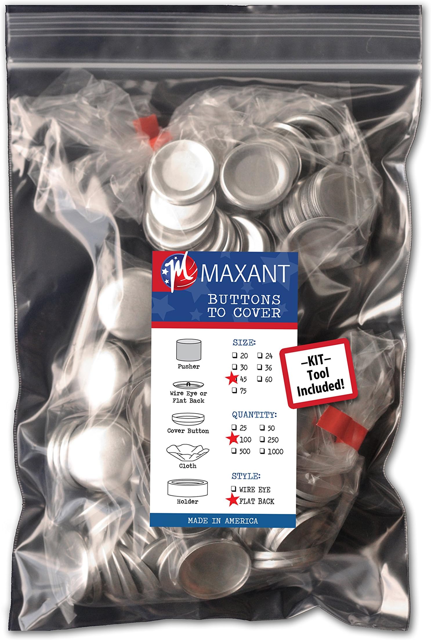 100 Buttons to Cover - Made in USA - Self Cover Buttons with Flat Backs - Size 45 with Tool