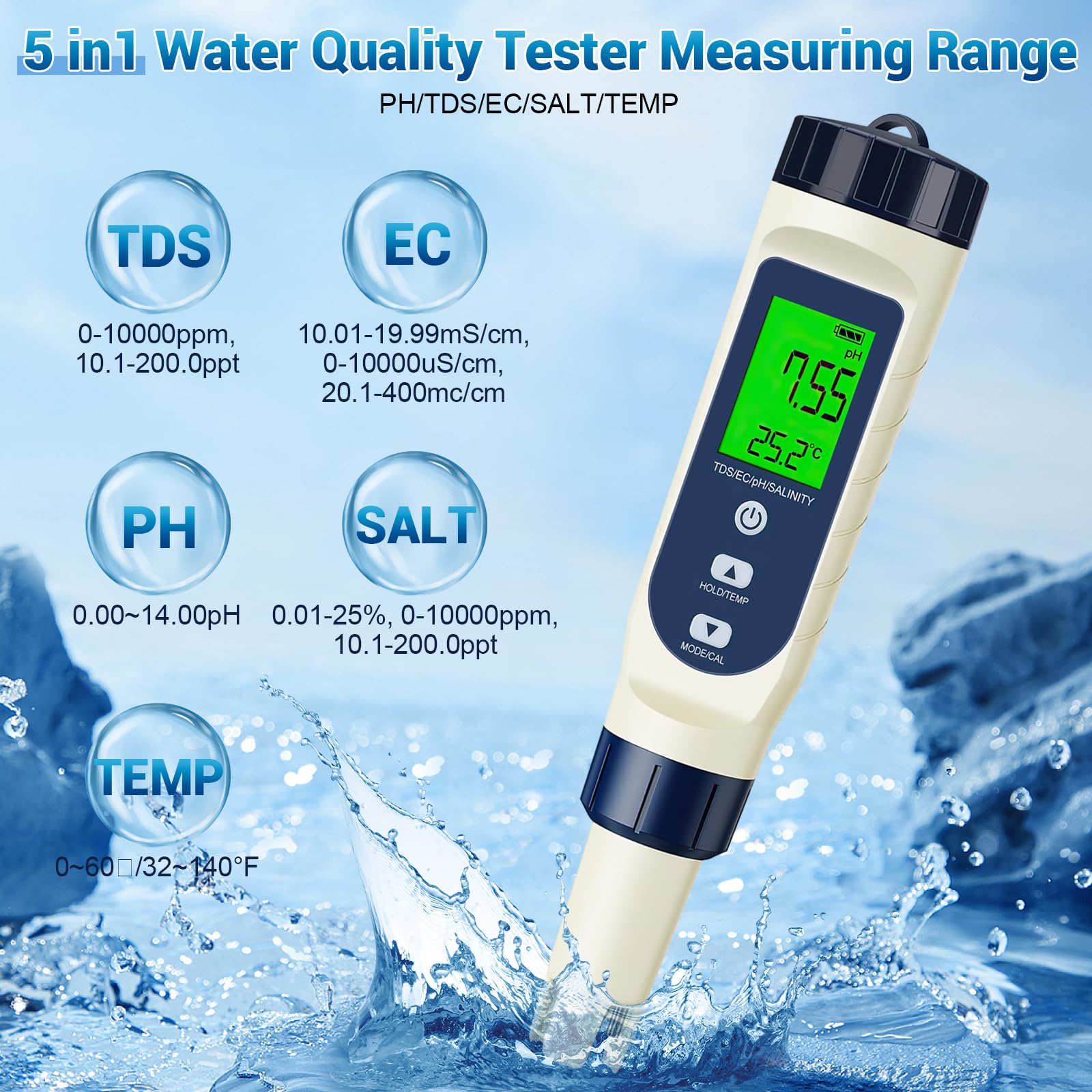 PH Mètre Électronique 5 en 1, PH/TDS/EC/Salinité/Thermomètre, Testeur de pH pour Piscine avec Écran LCD et Compensation Automatique de Température, Testeur d’Eau pour Piscines, Eau Potable, Hydroponie